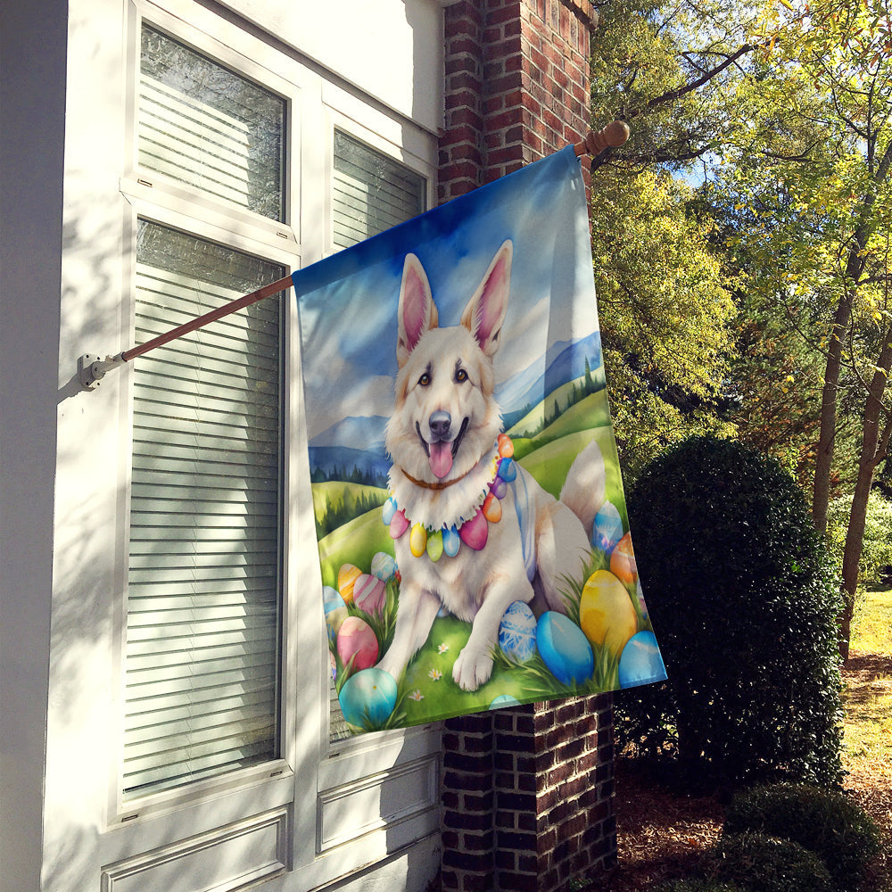 White German Shepherd Easter Egg Hunt House Flag 28x40 Porch Sleeve Pole Decorative Outside Yard Banner Artwork Wall Hanging, Polyester