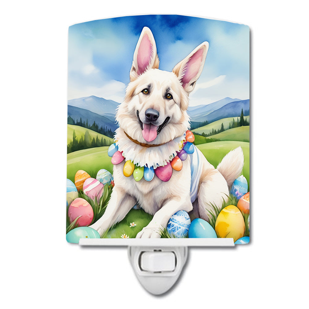 White German Shepherd Easter Egg Hunt Ceramic Night Light Compact, UL-Certified, Ideal for Bedroom, Bathroom, Nursery, Hallway, Kitchen, 6x4x3, Multicolor
