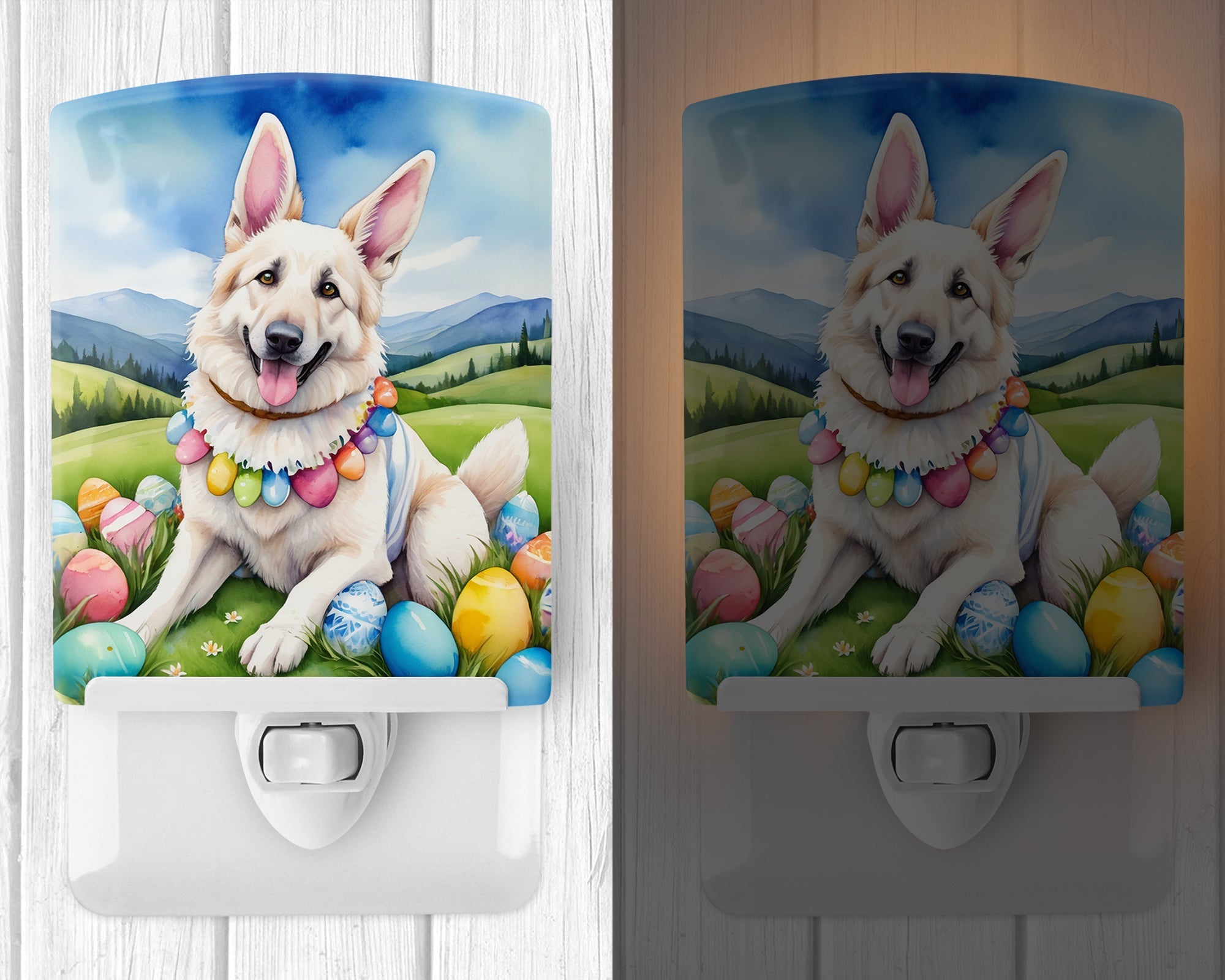White German Shepherd Easter Egg Hunt Ceramic Night Light Compact, UL-Certified, Ideal for Bedroom, Bathroom, Nursery, Hallway, Kitchen, 6x4x3, Multicolor