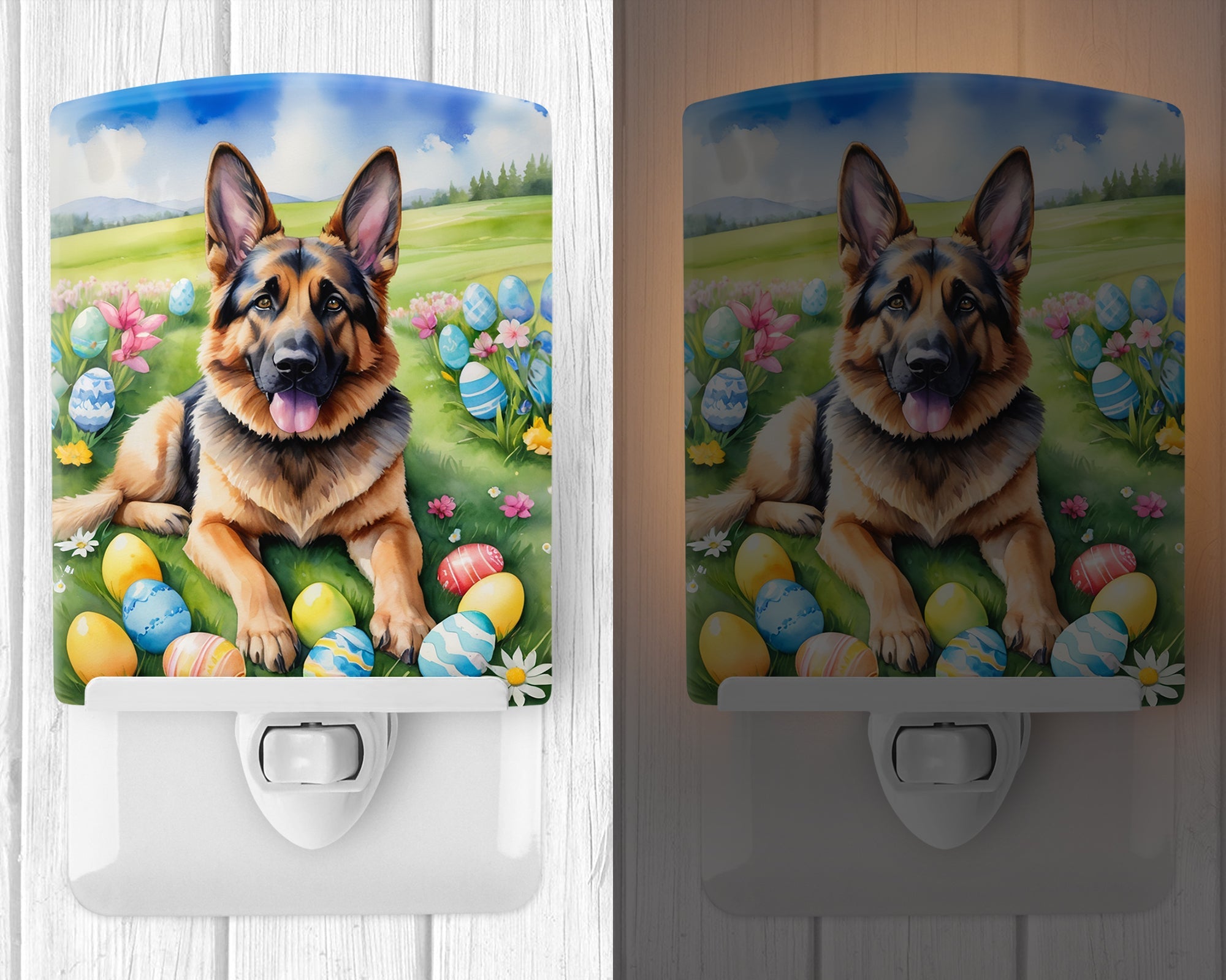 German Shepherd Easter Egg Hunt Ceramic Night Light Compact, UL-Certified, Ideal for Bedroom, Bathroom, Nursery, Hallway, Kitchen, 6x4x3, Multicolor