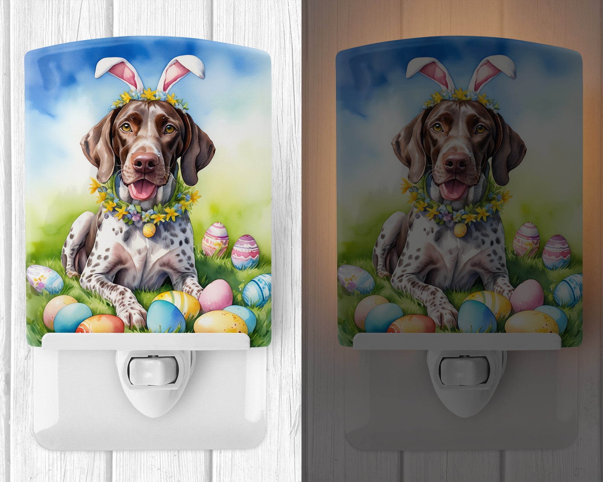 German Shorthaired Pointer Easter Egg Hunt Ceramic Night Light Compact, UL-Certified, Ideal for Bedroom, Bathroom, Nursery, Hallway, Kitchen, 6x4x3, Multicolor