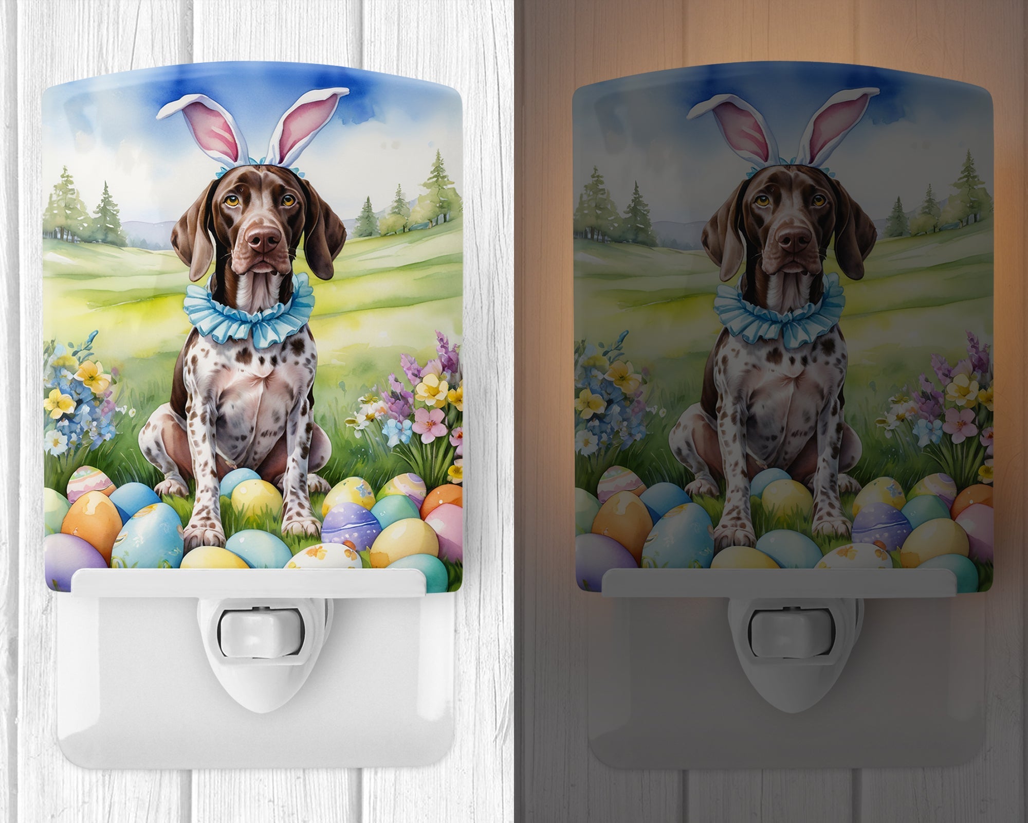 German Shorthaired Pointer Easter Egg Hunt Ceramic Night Light Compact, UL-Certified, Ideal for Bedroom, Bathroom, Nursery, Hallway, Kitchen, 6x4x3, Multicolor