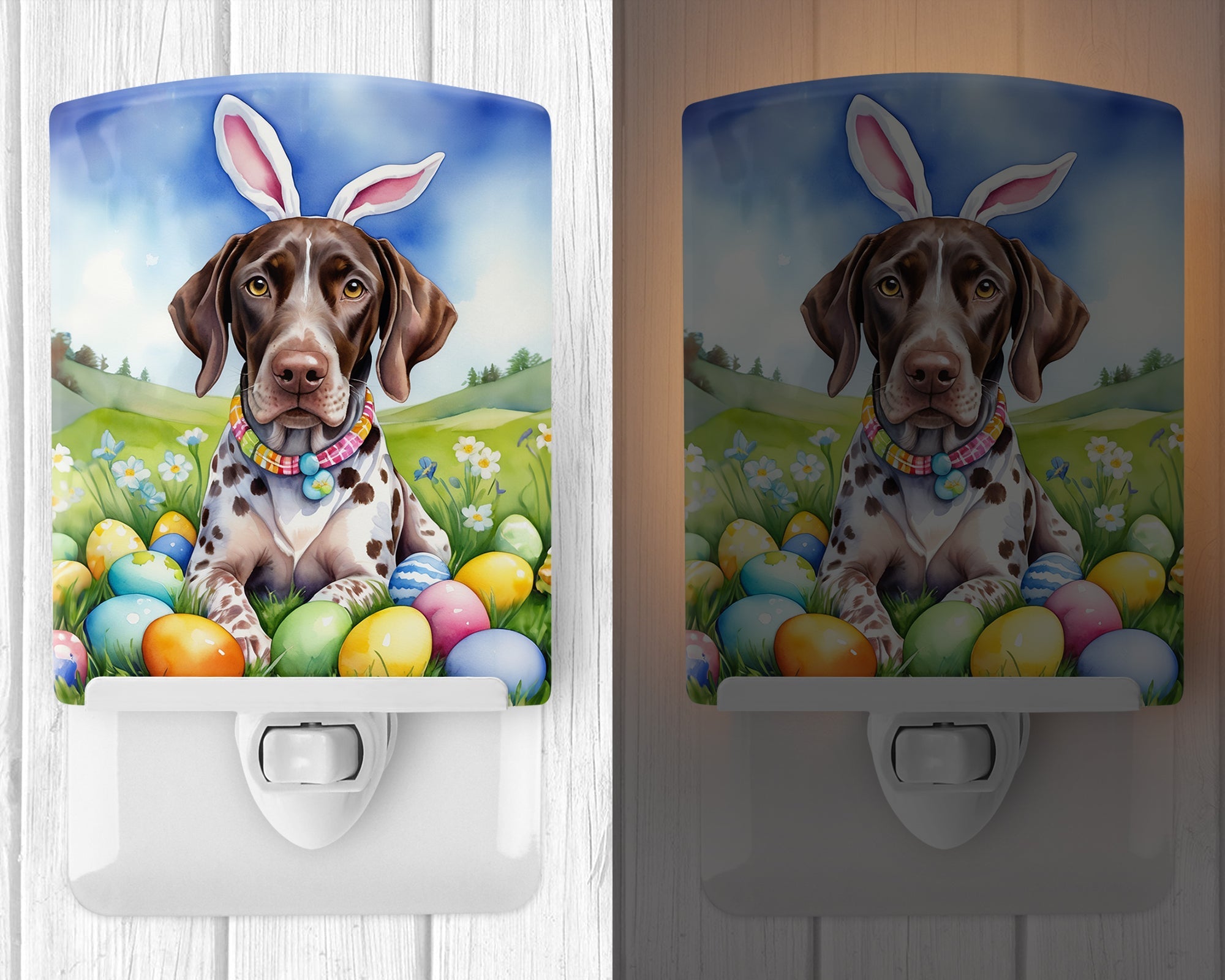 German Shorthaired Pointer Easter Egg Hunt Ceramic Night Light Compact, UL-Certified, Ideal for Bedroom, Bathroom, Nursery, Hallway, Kitchen, 6x4x3, Multicolor