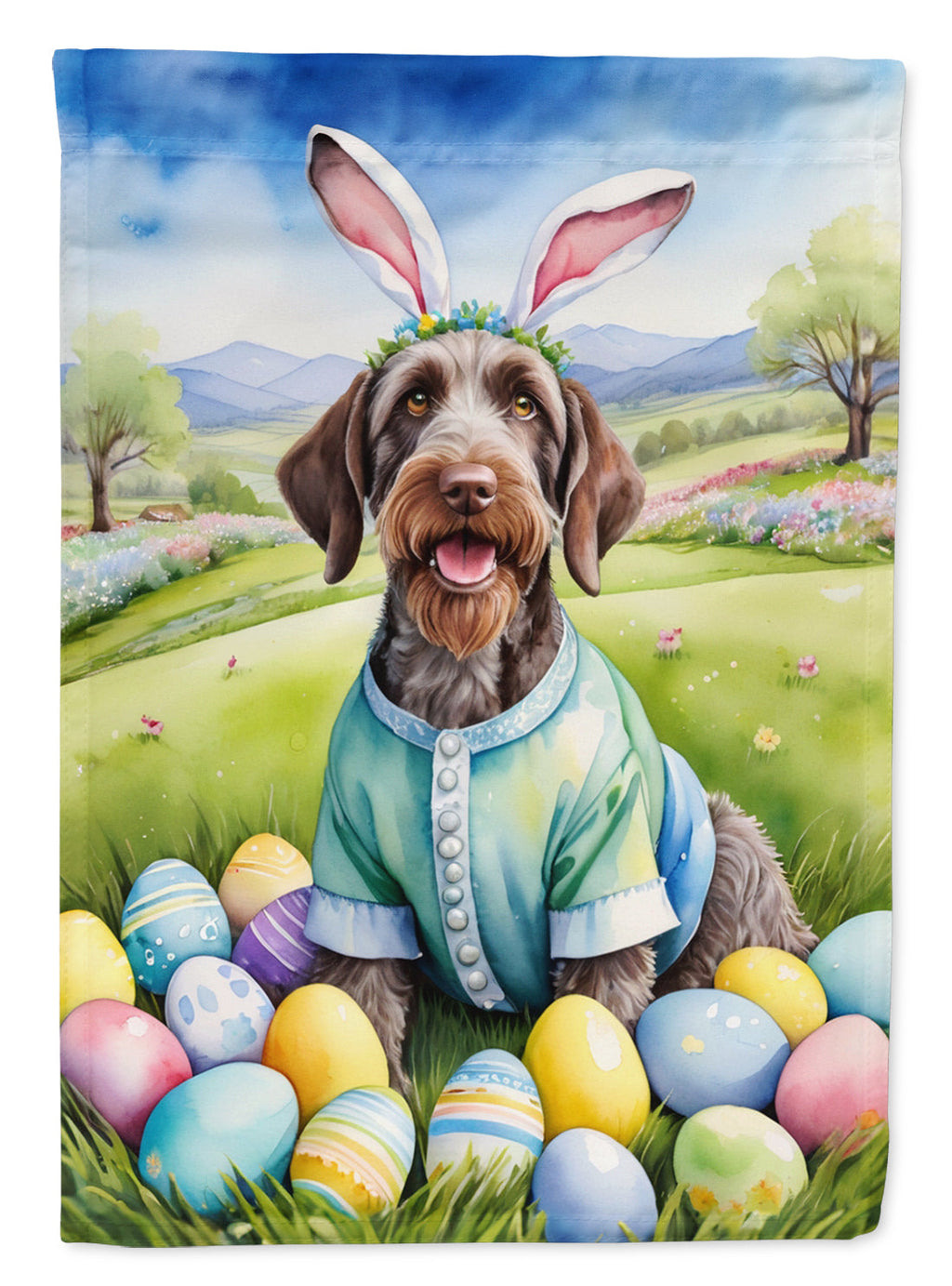 German Wirehaired Pointer Easter Egg Hunt House Flag 28x40 Porch Sleeve Pole Decorative Outside Yard Banner Artwork Wall Hanging, Polyester