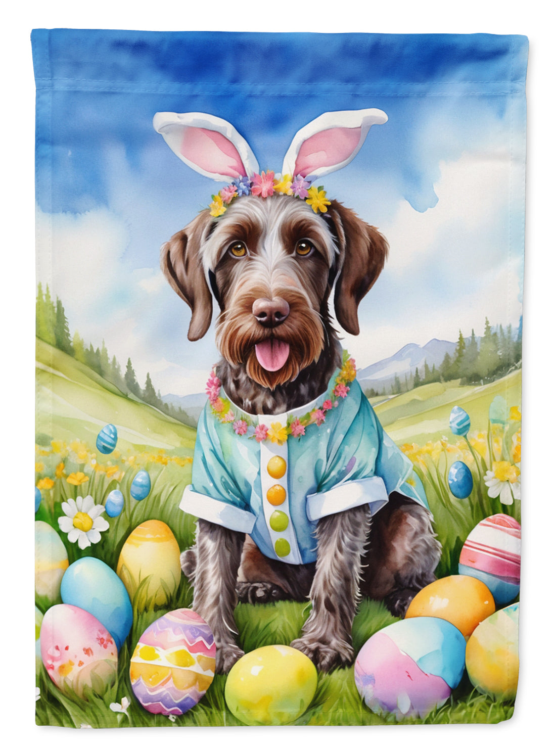 German Wirehaired Pointer Easter Egg Hunt House Flag 28x40 Porch Sleeve Pole Decorative Outside Yard Banner Artwork Wall Hanging, Polyester