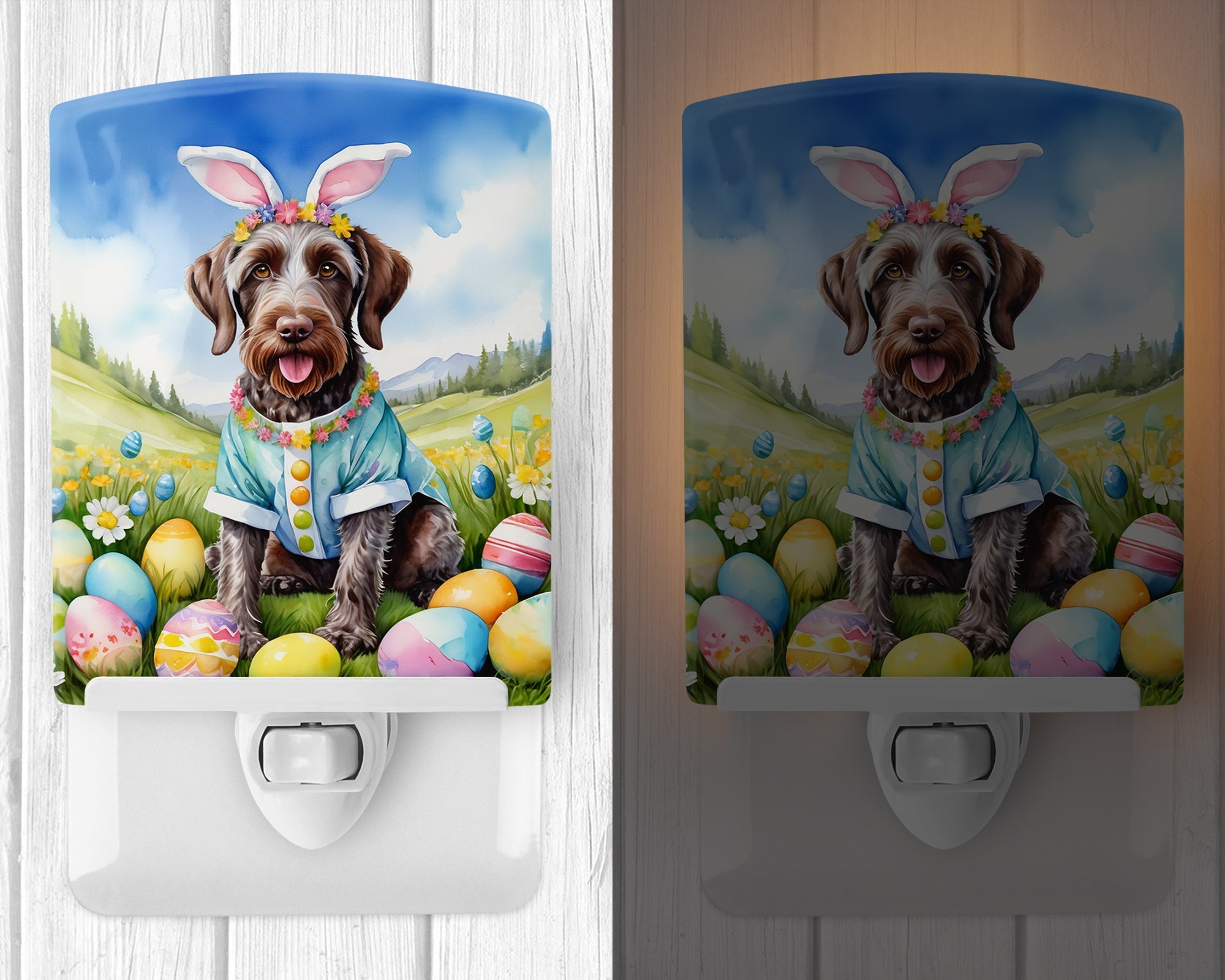 German Wirehaired Pointer Easter Egg Hunt Ceramic Night Light Compact, UL-Certified, Ideal for Bedroom, Bathroom, Nursery, Hallway, Kitchen, 6x4x3, Multicolor