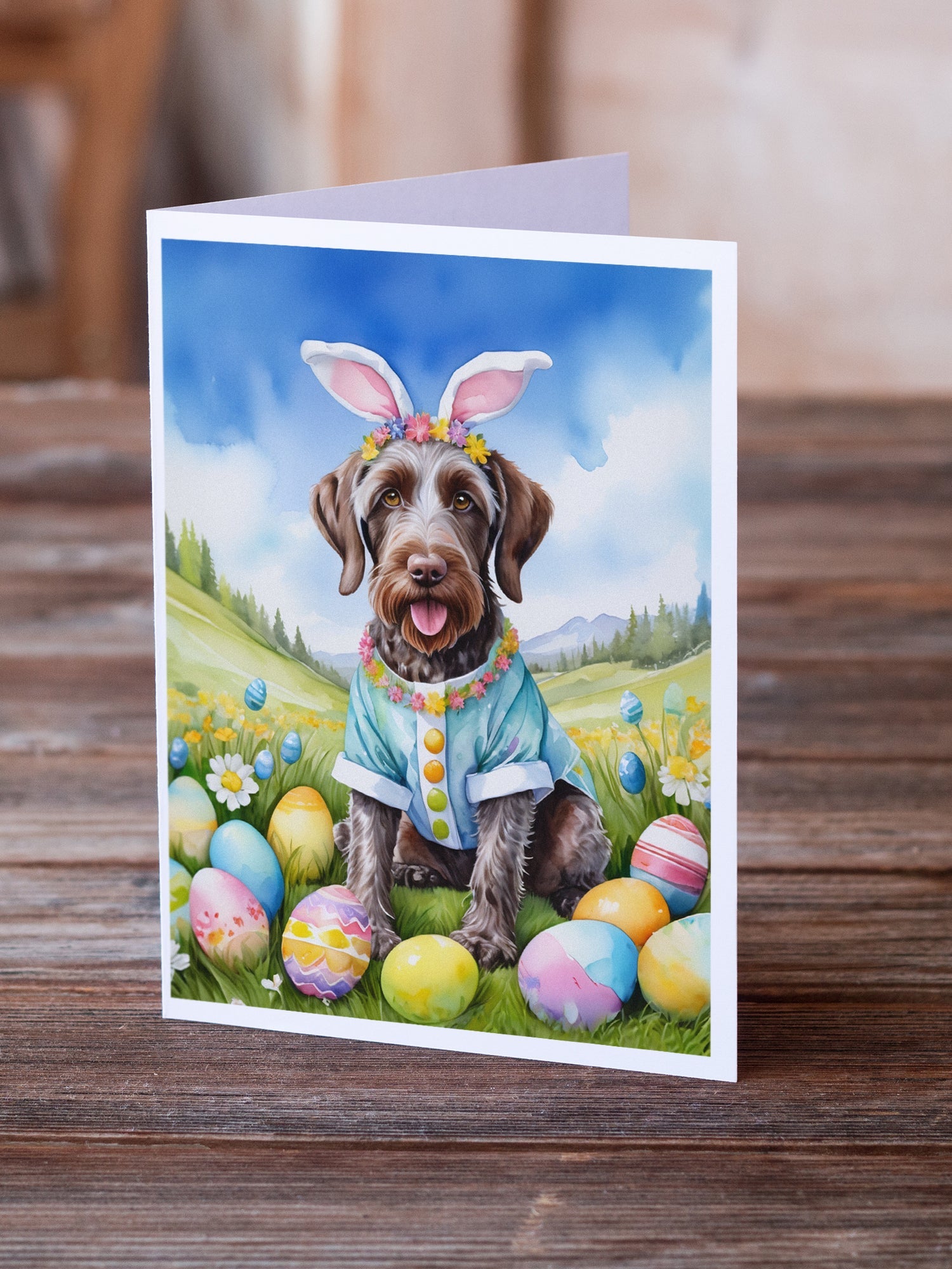 German Wirehaired Pointer Easter Egg Hunt Greeting Cards Pack of 8 Blank Cards with Envelopes Whimsical A7 Size 5x7