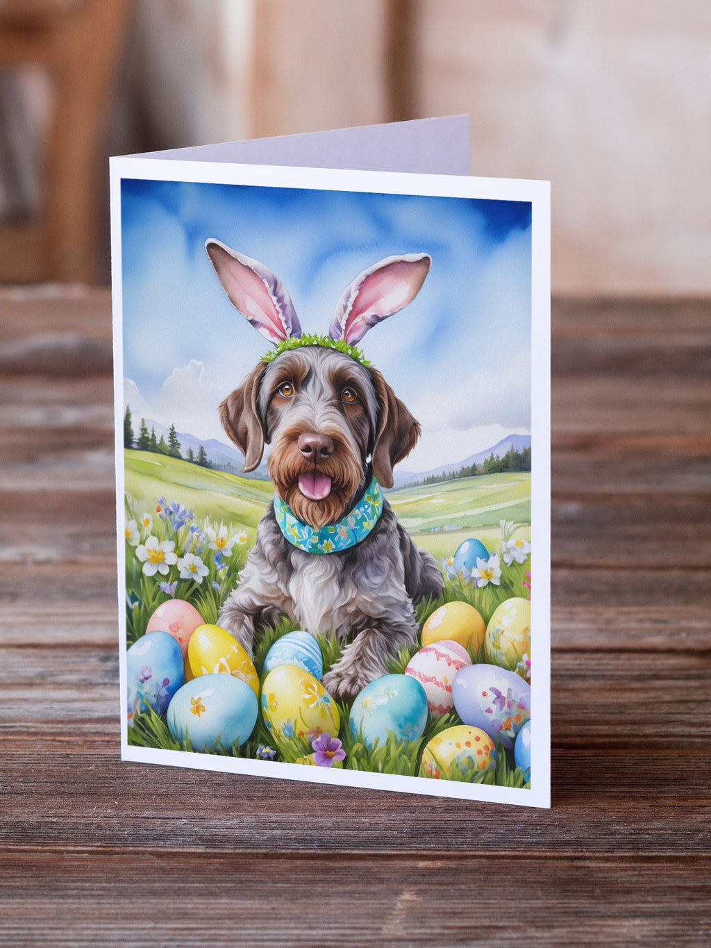 German Wirehaired Pointer Easter Egg Hunt Greeting Cards Pack of 8 Blank Cards with Envelopes Whimsical A7 Size 5x7