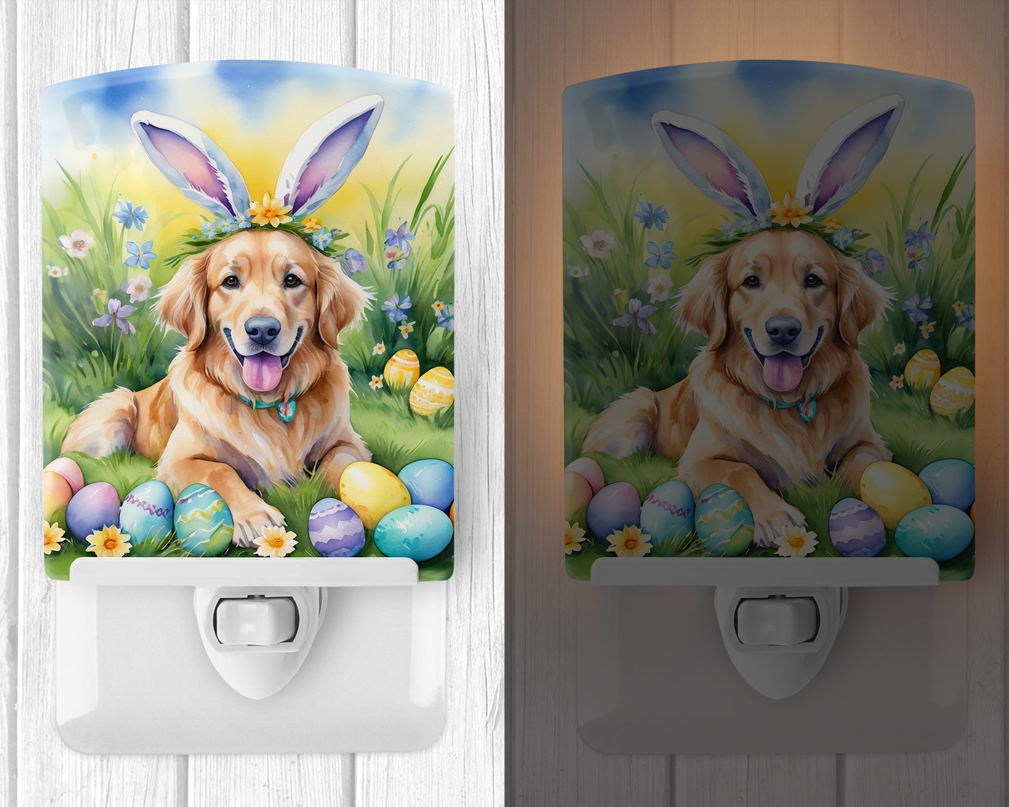 Golden Retriever Easter Egg Hunt Ceramic Night Light Compact, UL-Certified, Ideal for Bedroom, Bathroom, Nursery, Hallway, Kitchen, 6x4x3, Multicolor