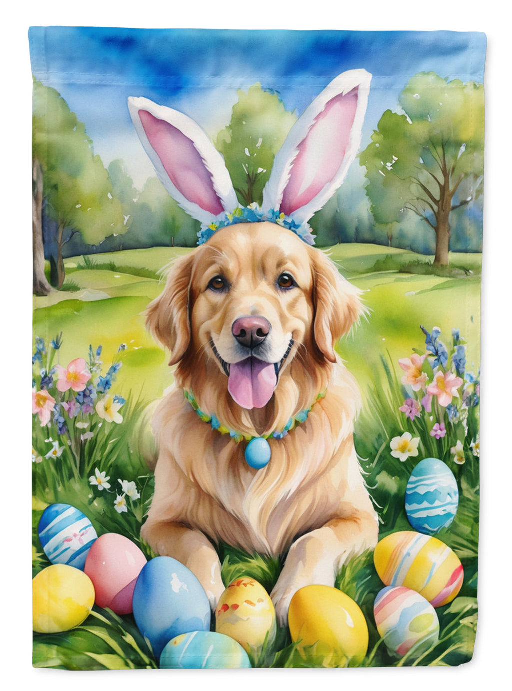 Golden Retriever Easter Egg Hunt House Flag 28x40 Porch Sleeve Pole Decorative Outside Yard Banner Artwork Wall Hanging, Polyester