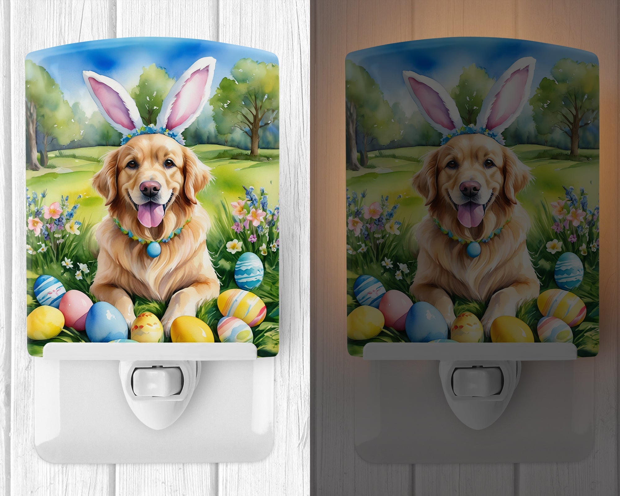 Golden Retriever Easter Egg Hunt Ceramic Night Light Compact, UL-Certified, Ideal for Bedroom, Bathroom, Nursery, Hallway, Kitchen, 6x4x3, Multicolor