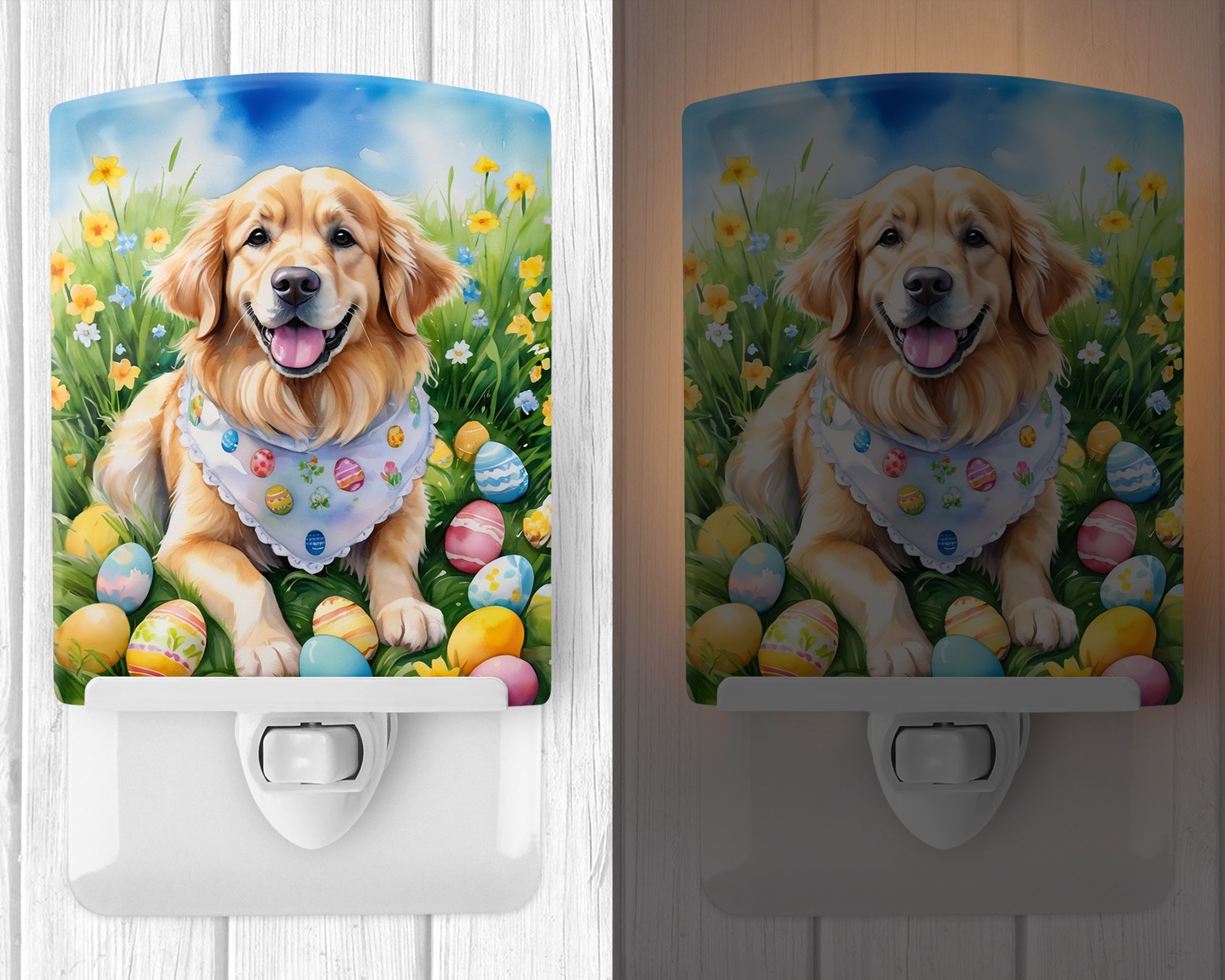 Golden Retriever Easter Egg Hunt Ceramic Night Light Compact, UL-Certified, Ideal for Bedroom, Bathroom, Nursery, Hallway, Kitchen, 6x4x3, Multicolor