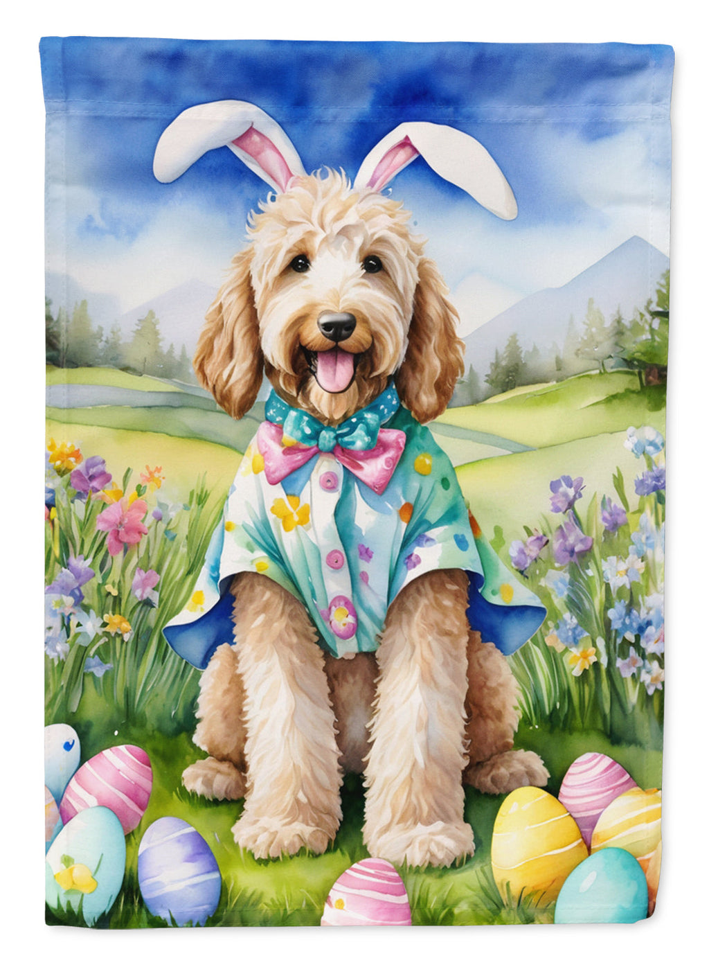 Goldendoodle Easter Egg Hunt House Flag 28x40 Porch Sleeve Pole Decorative Outside Yard Banner Artwork Wall Hanging, Polyester