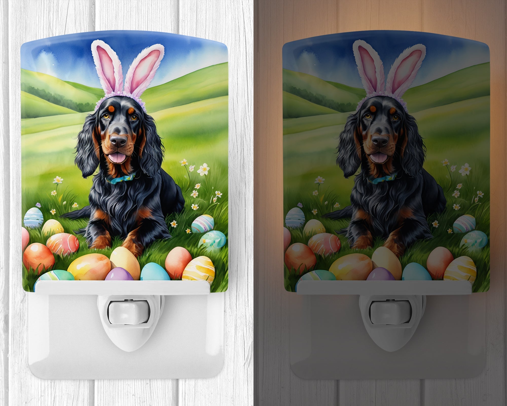 Gordon Setter Easter Egg Hunt Ceramic Night Light Compact, UL-Certified, Ideal for Bedroom, Bathroom, Nursery, Hallway, Kitchen, 6x4x3, Multicolor