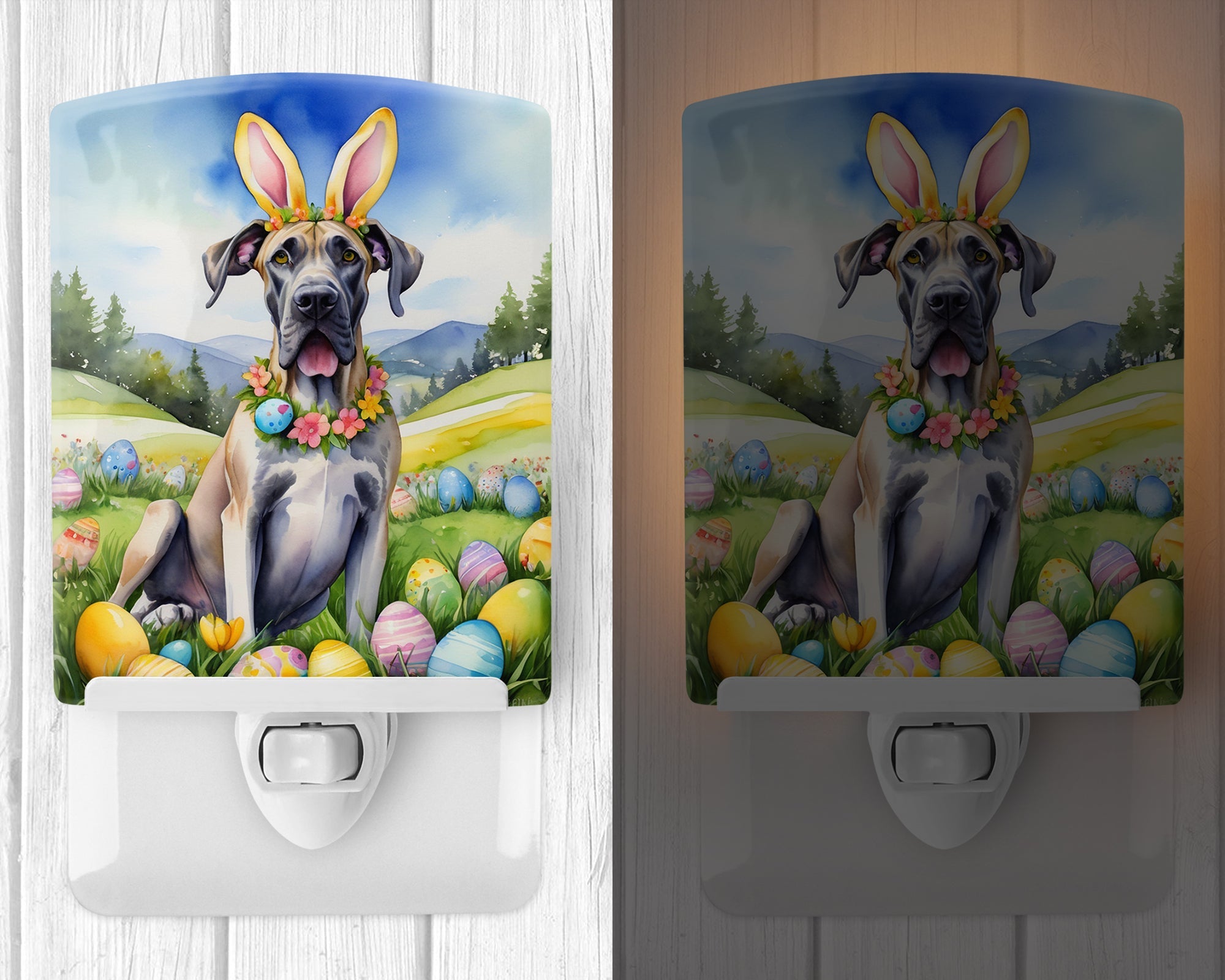 Great Dane Easter Egg Hunt Ceramic Night Light Compact, UL-Certified, Ideal for Bedroom, Bathroom, Nursery, Hallway, Kitchen, 6x4x3, Multicolor
