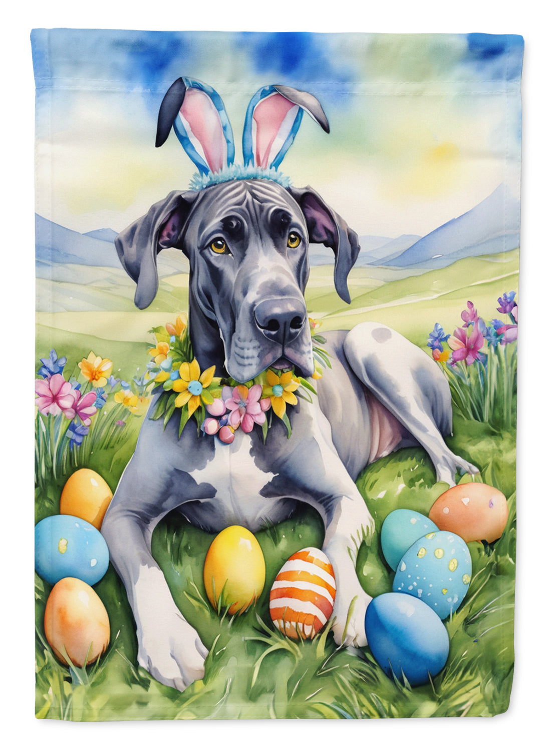 Great Dane Easter Egg Hunt House Flag 28x40 Porch Sleeve Pole Decorative Outside Yard Banner Artwork Wall Hanging, Polyester
