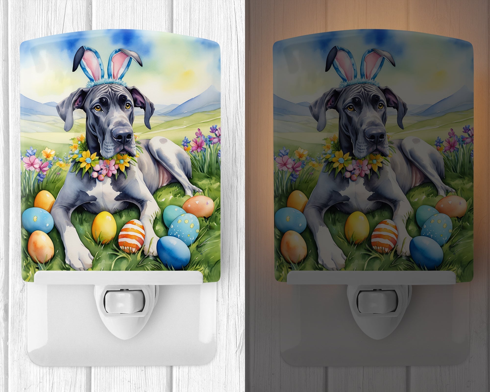 Great Dane Easter Egg Hunt Ceramic Night Light Compact, UL-Certified, Ideal for Bedroom, Bathroom, Nursery, Hallway, Kitchen, 6x4x3, Multicolor