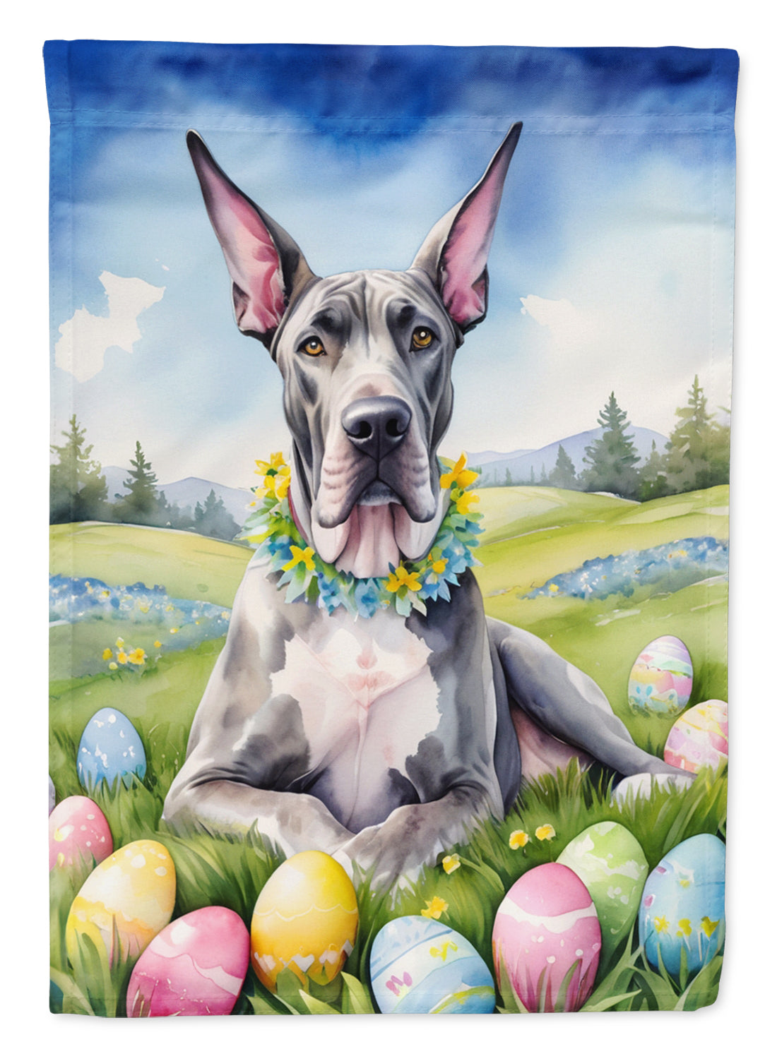 Great Dane Easter Egg Hunt House Flag 28x40 Porch Sleeve Pole Decorative Outside Yard Banner Artwork Wall Hanging, Polyester