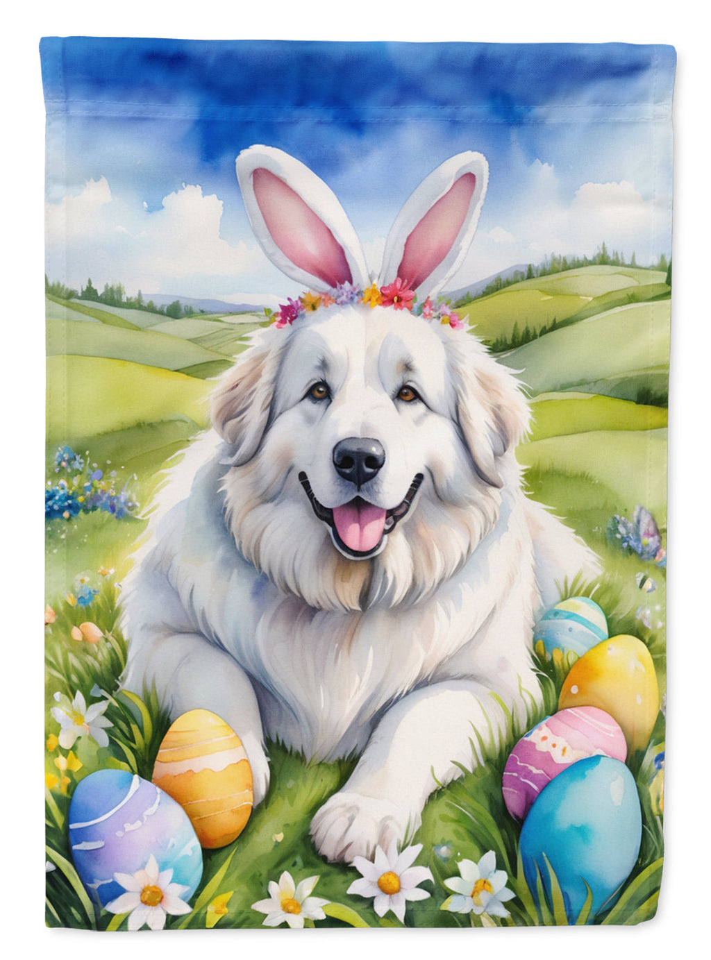 Great Pyrenees Easter Egg Hunt House Flag 28x40 Porch Sleeve Pole Decorative Outside Yard Banner Artwork Wall Hanging, Polyester