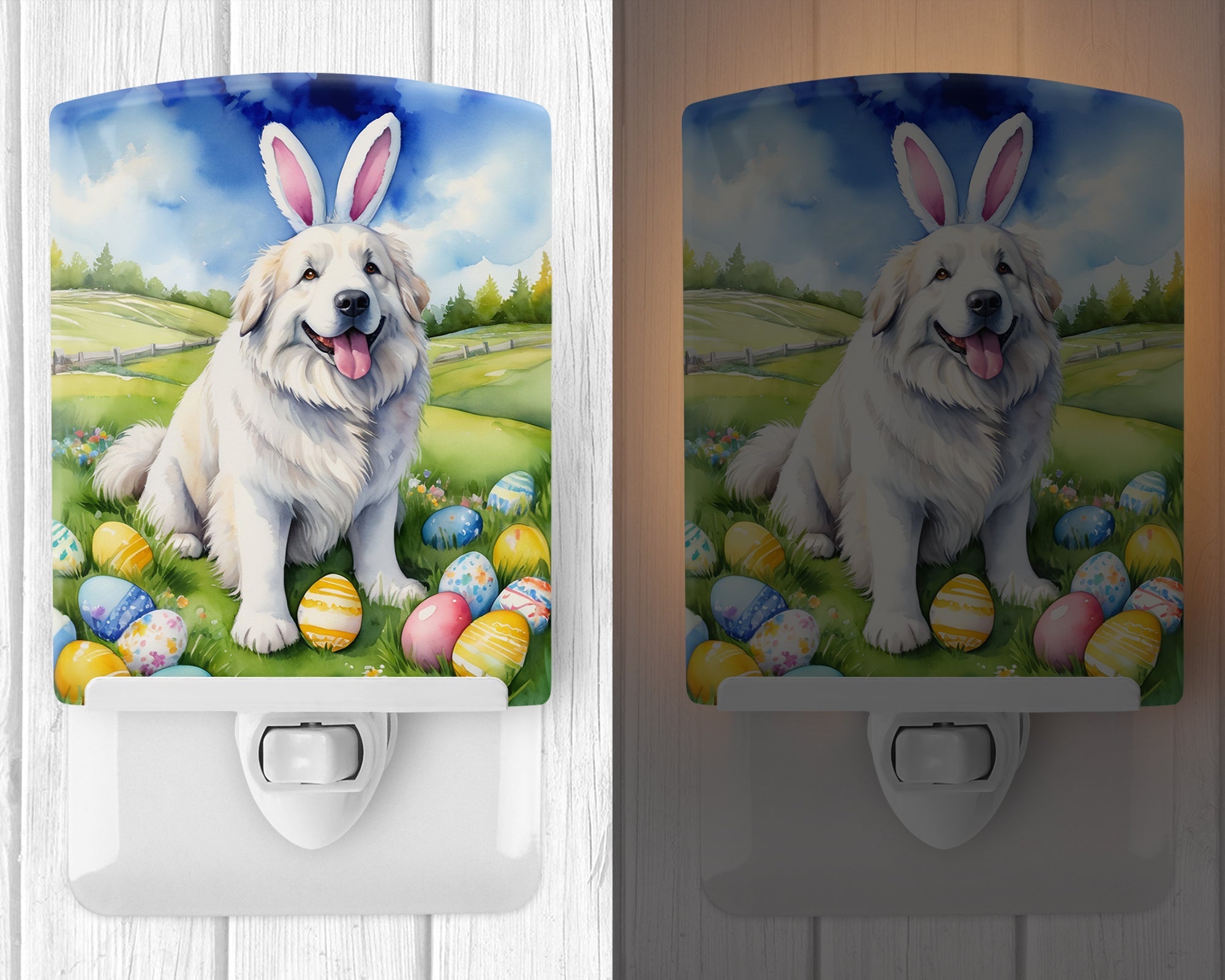 Great Pyrenees Easter Egg Hunt Ceramic Night Light Compact, UL-Certified, Ideal for Bedroom, Bathroom, Nursery, Hallway, Kitchen, 6x4x3, Multicolor