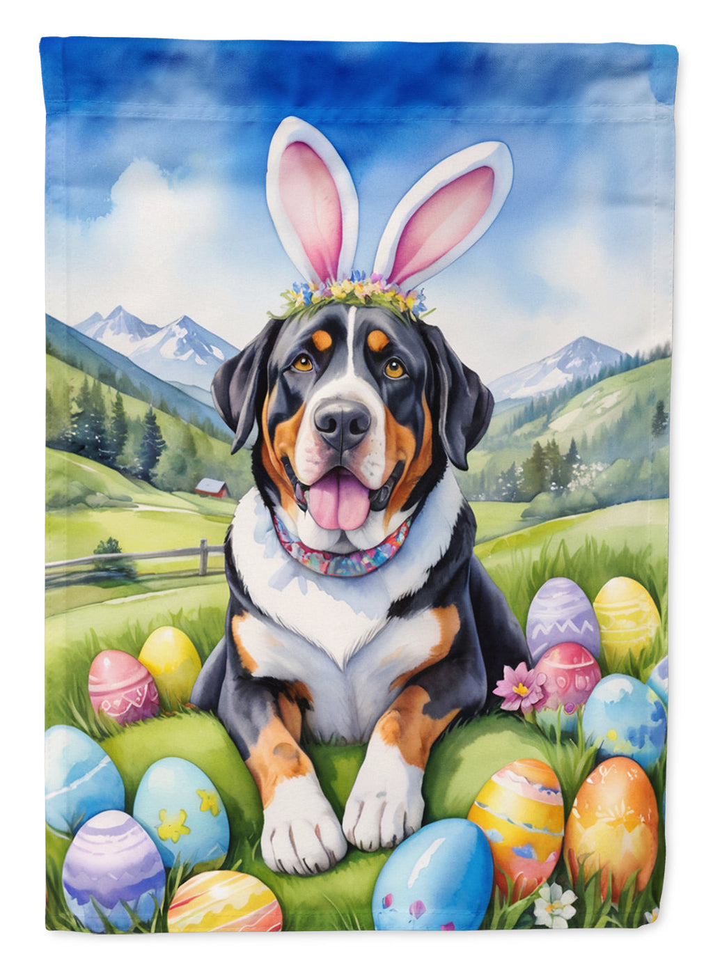Greater Swiss Mountain Dog Easter Egg Hunt House Flag 28x40 Porch Sleeve Pole Decorative Outside Yard Banner Artwork Wall Hanging, Polyester