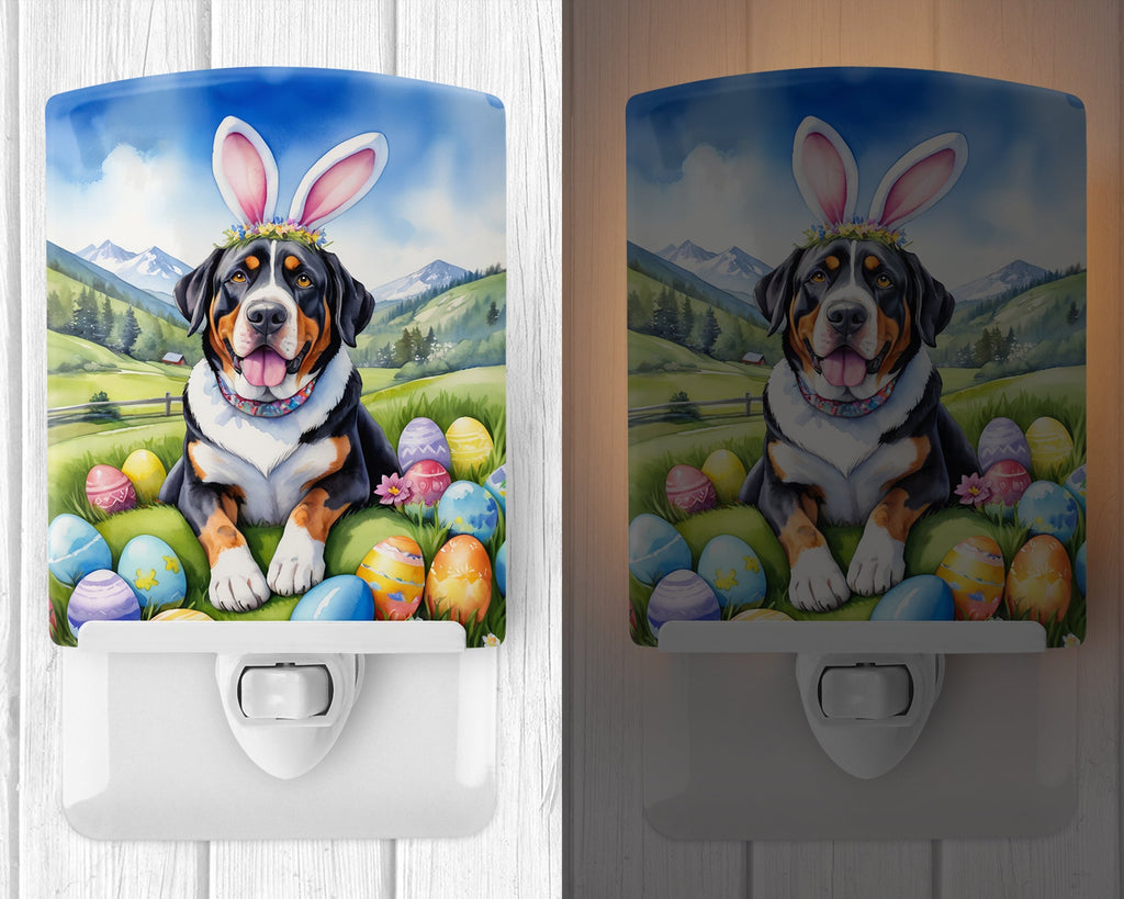 Greater Swiss Mountain Dog Easter Egg Hunt Ceramic Night Light Compact, UL-Certified, Ideal for Bedroom, Bathroom, Nursery, Hallway, Kitchen, 6x4x3, Multicolor