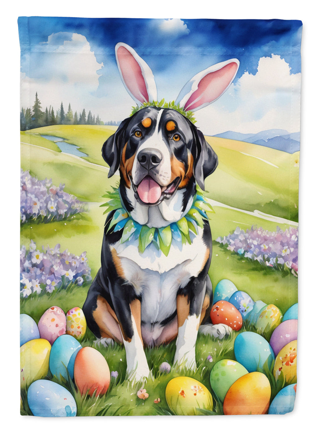 Greater Swiss Mountain Dog Easter Egg Hunt House Flag 28x40 Porch Sleeve Pole Decorative Outside Yard Banner Artwork Wall Hanging, Polyester