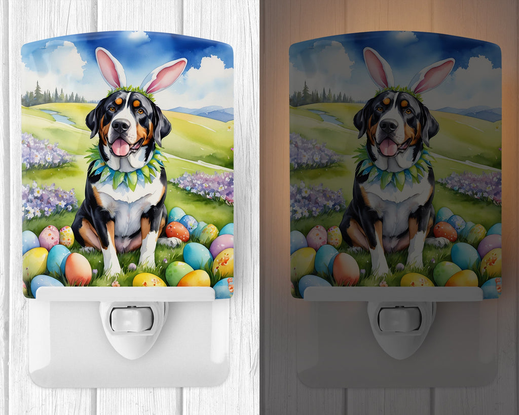 Greater Swiss Mountain Dog Easter Egg Hunt Ceramic Night Light Compact, UL-Certified, Ideal for Bedroom, Bathroom, Nursery, Hallway, Kitchen, 6x4x3, Multicolor