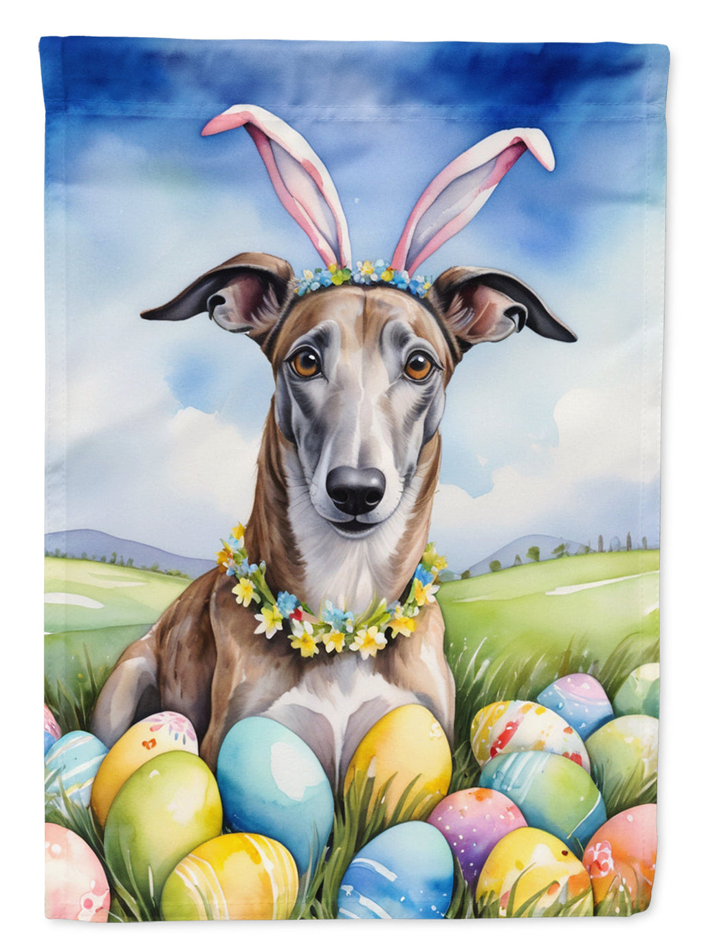 Greyhound Easter Egg Hunt House Flag 28x40 Porch Sleeve Pole Decorative Outside Yard Banner Artwork Wall Hanging, Polyester