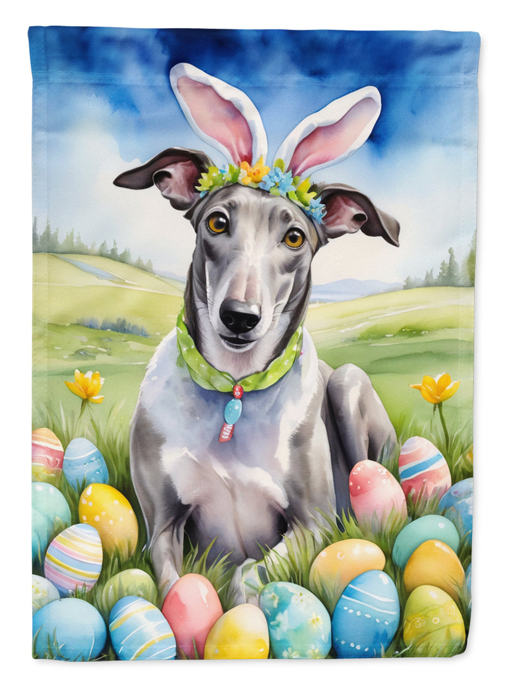 Greyhound Easter Egg Hunt House Flag 28x40 Porch Sleeve Pole Decorative Outside Yard Banner Artwork Wall Hanging, Polyester