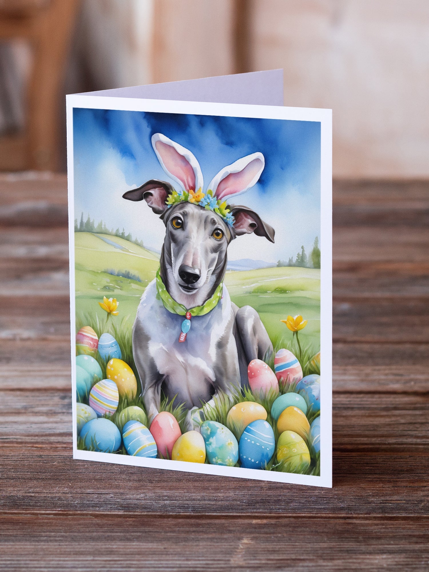 Greyhound Easter Egg Hunt Greeting Cards Pack of 8 Blank Cards with Envelopes Whimsical A7 Size 5x7