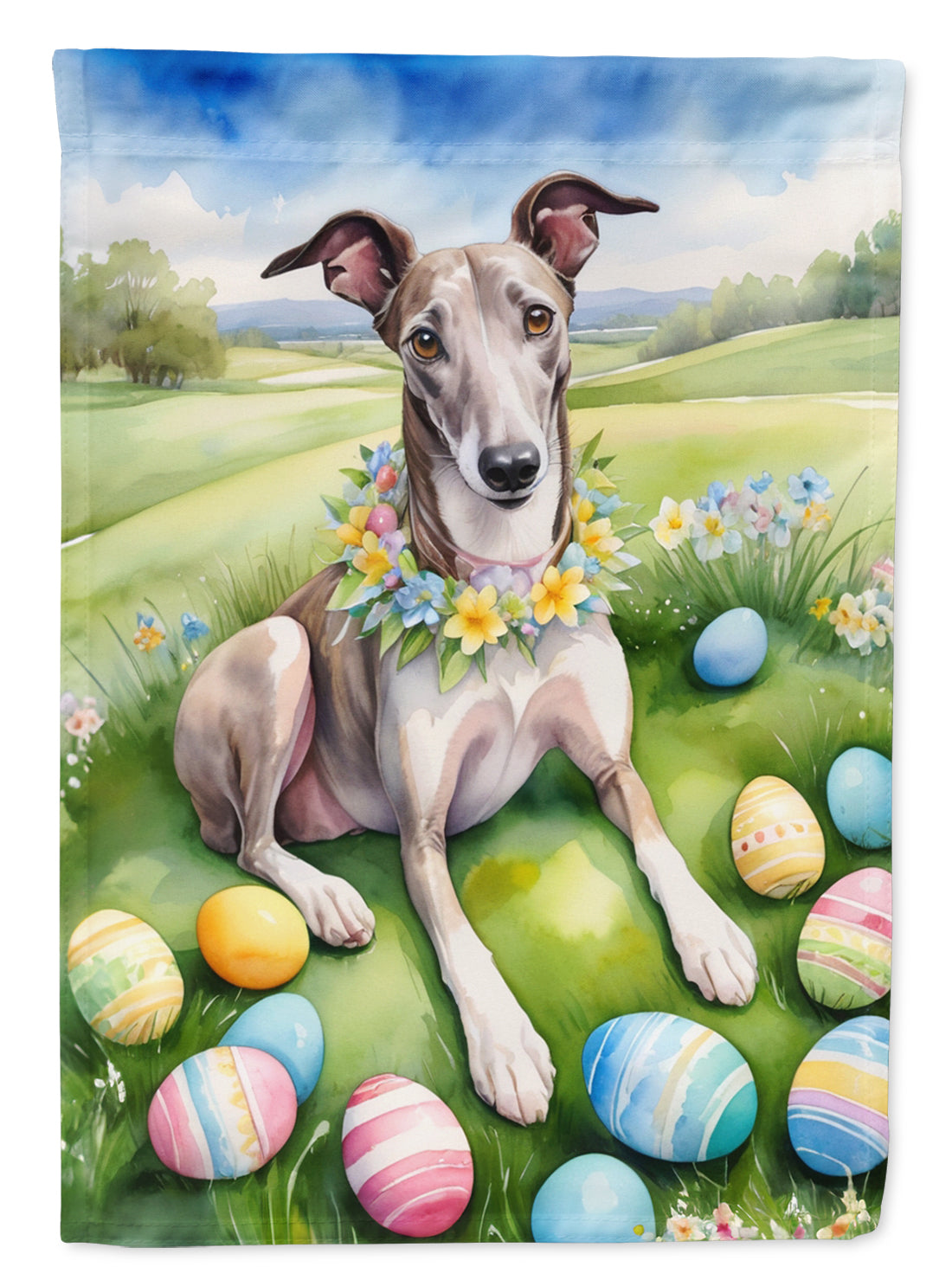 Greyhound Easter Egg Hunt House Flag 28x40 Porch Sleeve Pole Decorative Outside Yard Banner Artwork Wall Hanging, Polyester
