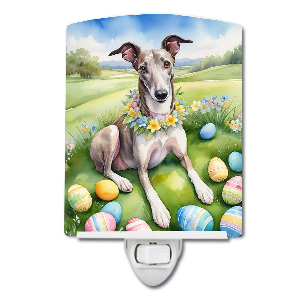 Greyhound Easter Egg Hunt Ceramic Night Light Compact, UL-Certified, Ideal for Bedroom, Bathroom, Nursery, Hallway, Kitchen, 6x4x3, Multicolor