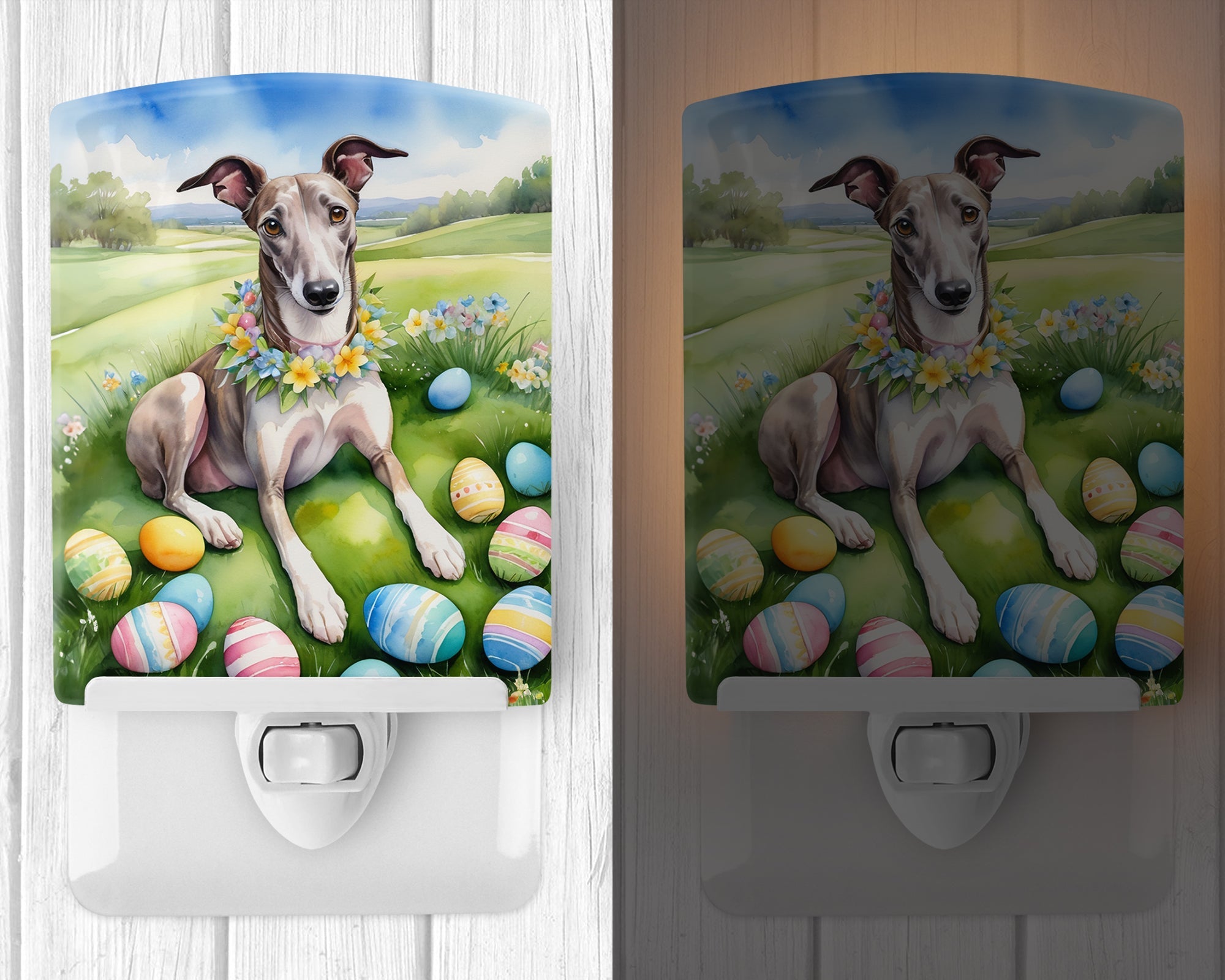 Greyhound Easter Egg Hunt Ceramic Night Light Compact, UL-Certified, Ideal for Bedroom, Bathroom, Nursery, Hallway, Kitchen, 6x4x3, Multicolor