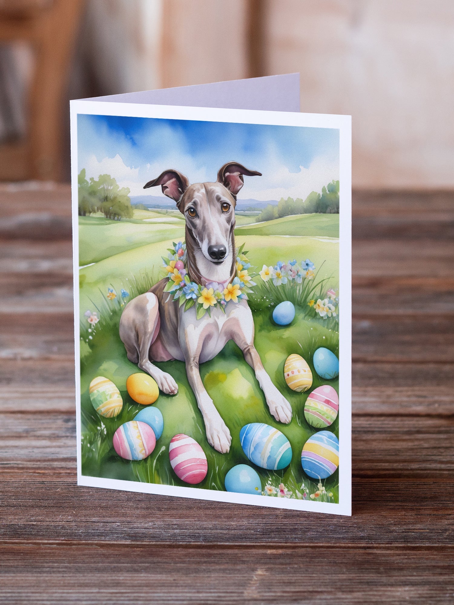 Greyhound Easter Egg Hunt Greeting Cards Pack of 8 Blank Cards with Envelopes Whimsical A7 Size 5x7