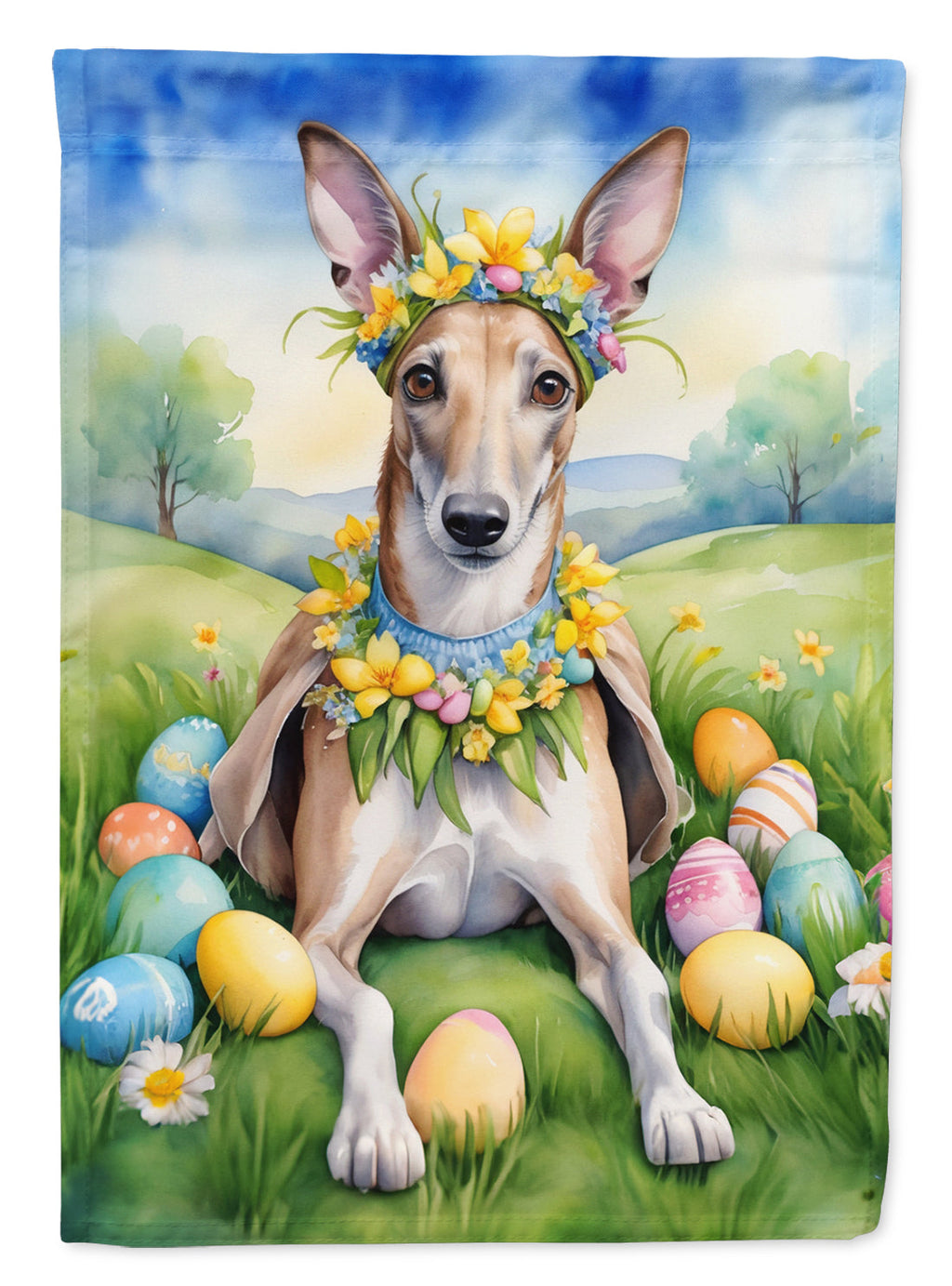 Greyhound Easter Egg Hunt House Flag 28x40 Porch Sleeve Pole Decorative Outside Yard Banner Artwork Wall Hanging, Polyester