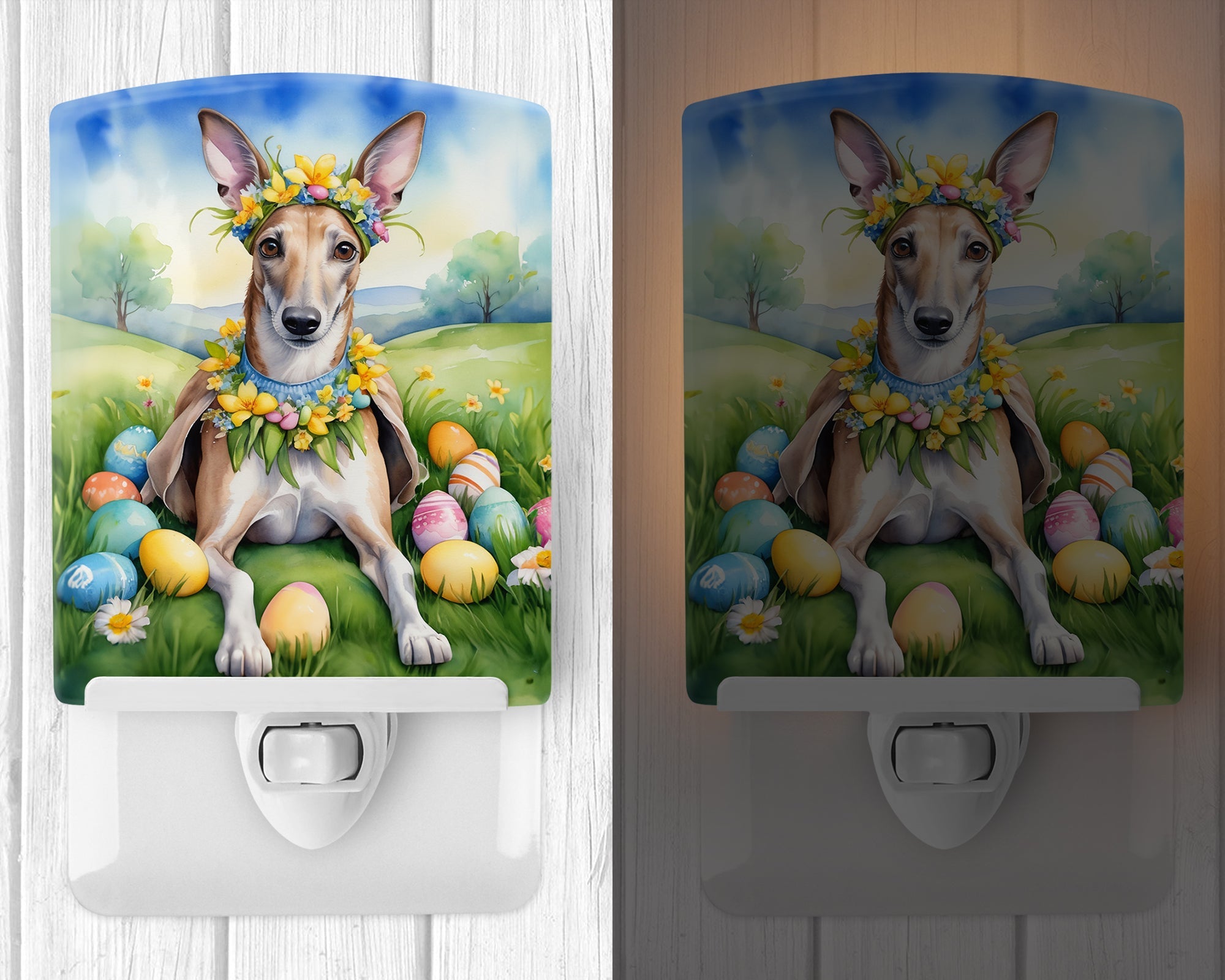 Greyhound Easter Egg Hunt Ceramic Night Light Compact, UL-Certified, Ideal for Bedroom, Bathroom, Nursery, Hallway, Kitchen, 6x4x3, Multicolor