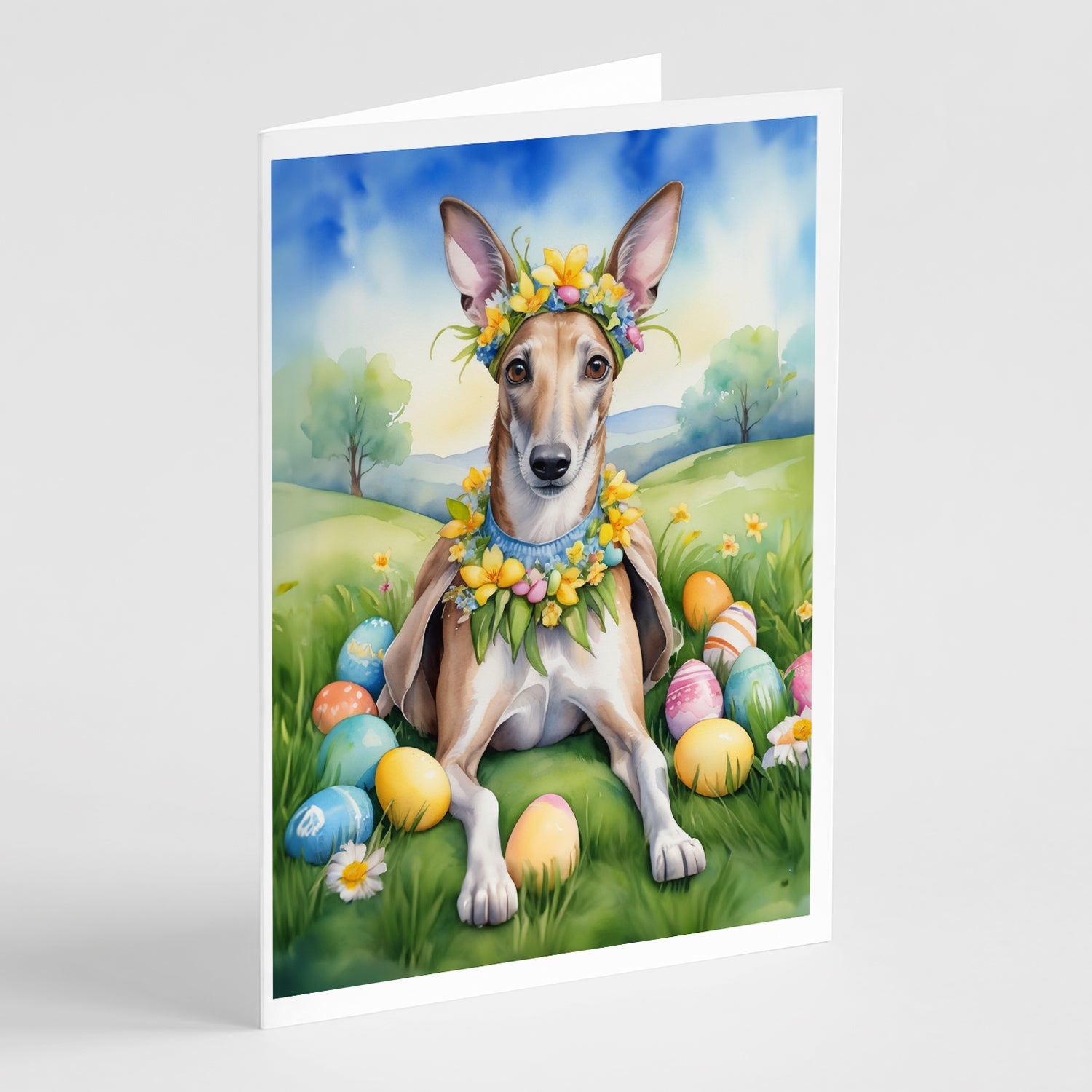 Greyhound Easter Egg Hunt Greeting Cards Pack of 8 Blank Cards with Envelopes Whimsical A7 Size 5x7