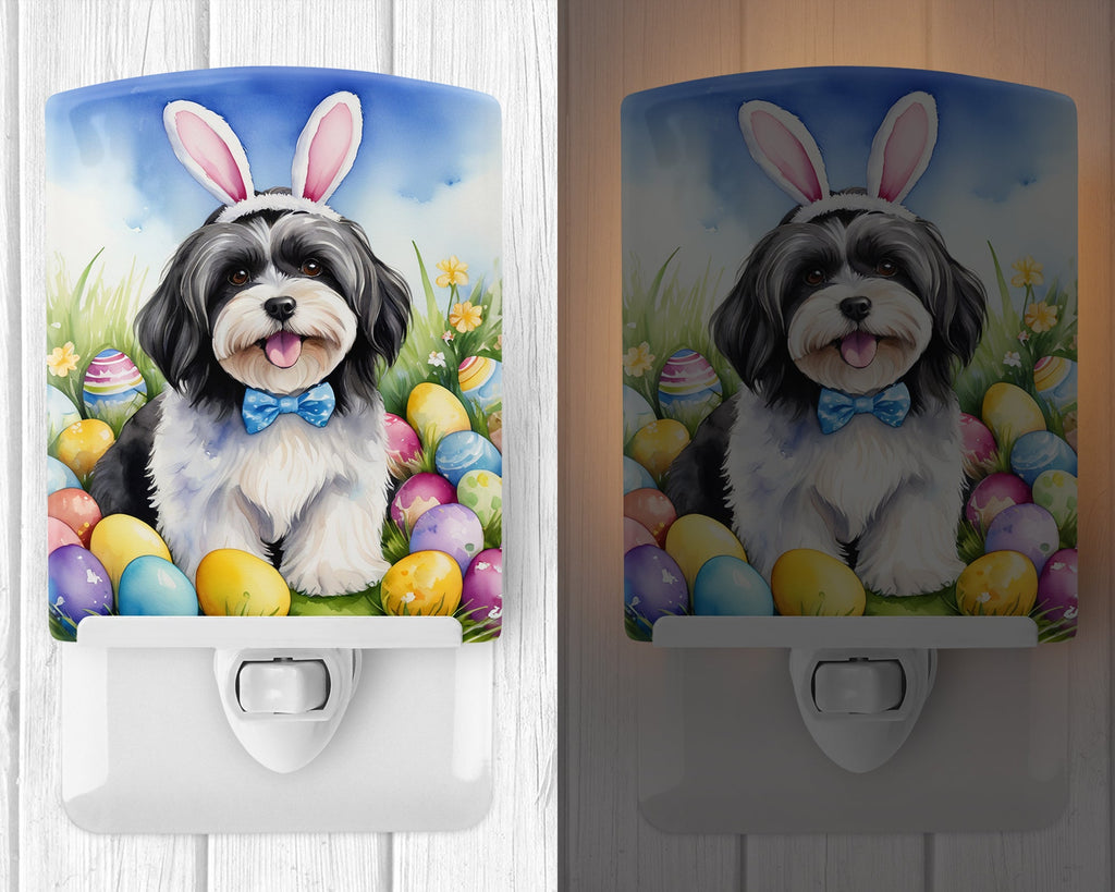 Havanese Easter Egg Hunt Ceramic Night Light Compact, UL-Certified, Ideal for Bedroom, Bathroom, Nursery, Hallway, Kitchen, 6x4x3, Multicolor