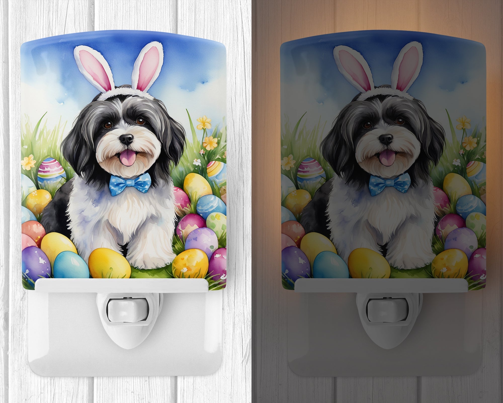 Havanese Easter Egg Hunt Ceramic Night Light Compact, UL-Certified, Ideal for Bedroom, Bathroom, Nursery, Hallway, Kitchen, 6x4x3, Multicolor
