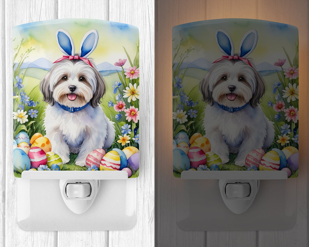 Havanese Easter Egg Hunt Ceramic Night Light Compact, UL-Certified, Ideal for Bedroom, Bathroom, Nursery, Hallway, Kitchen, 6x4x3, Multicolor