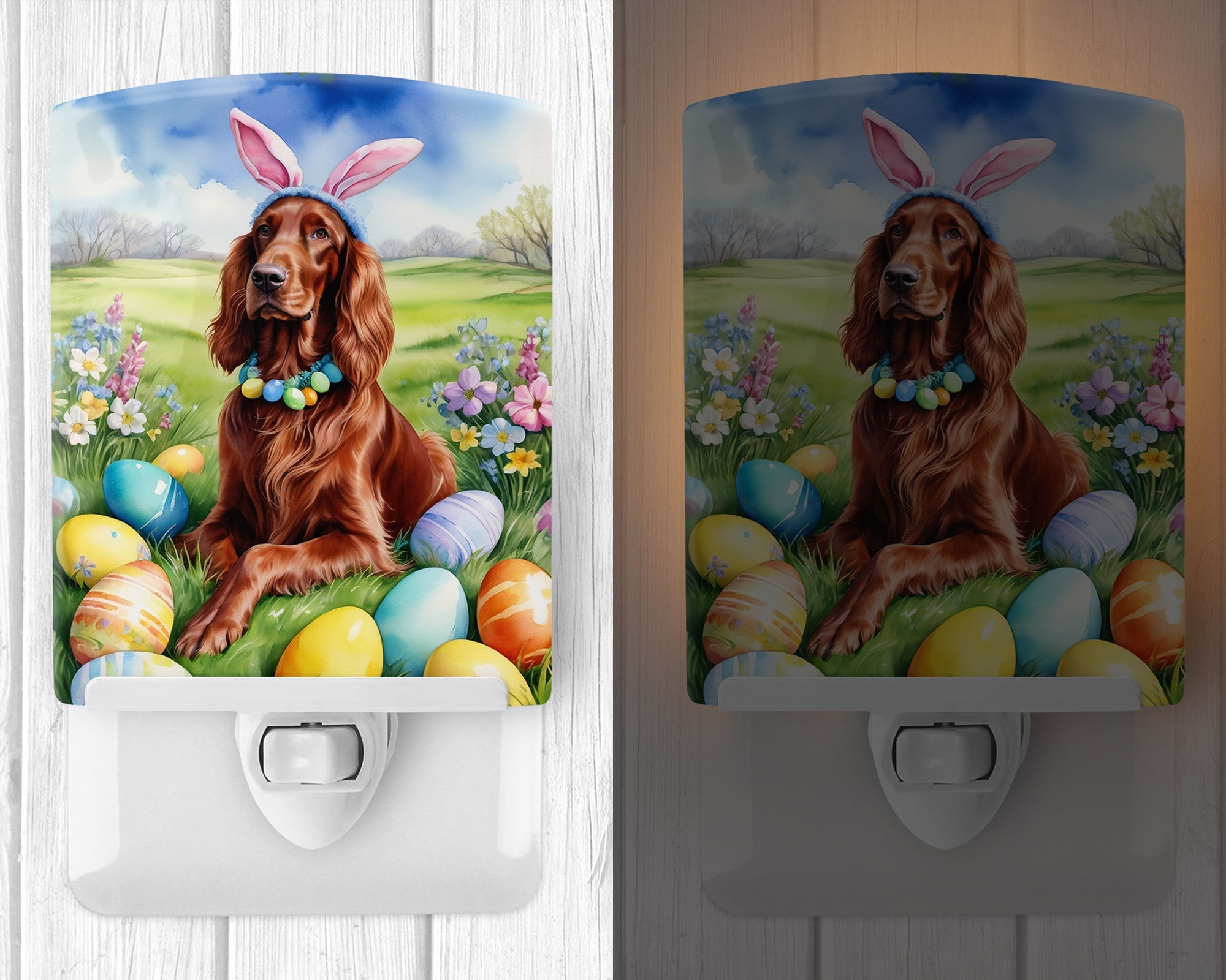 Irish Setter Easter Egg Hunt Ceramic Night Light Compact, UL-Certified, Ideal for Bedroom, Bathroom, Nursery, Hallway, Kitchen, 6x4x3, Multicolor