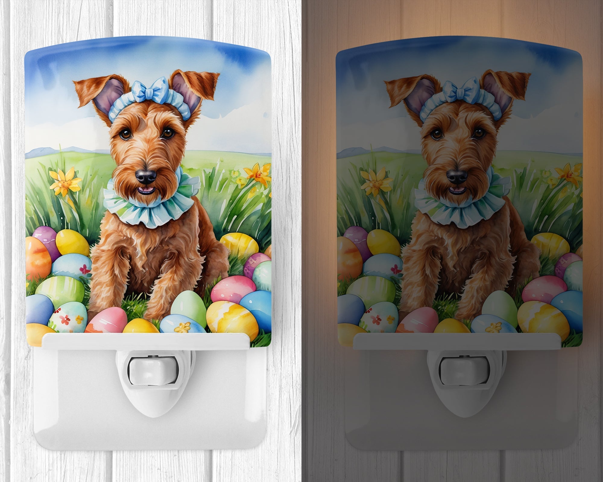 Irish Terrier Easter Egg Hunt Ceramic Night Light Compact, UL-Certified, Ideal for Bedroom, Bathroom, Nursery, Hallway, Kitchen, 6x4x3, Multicolor