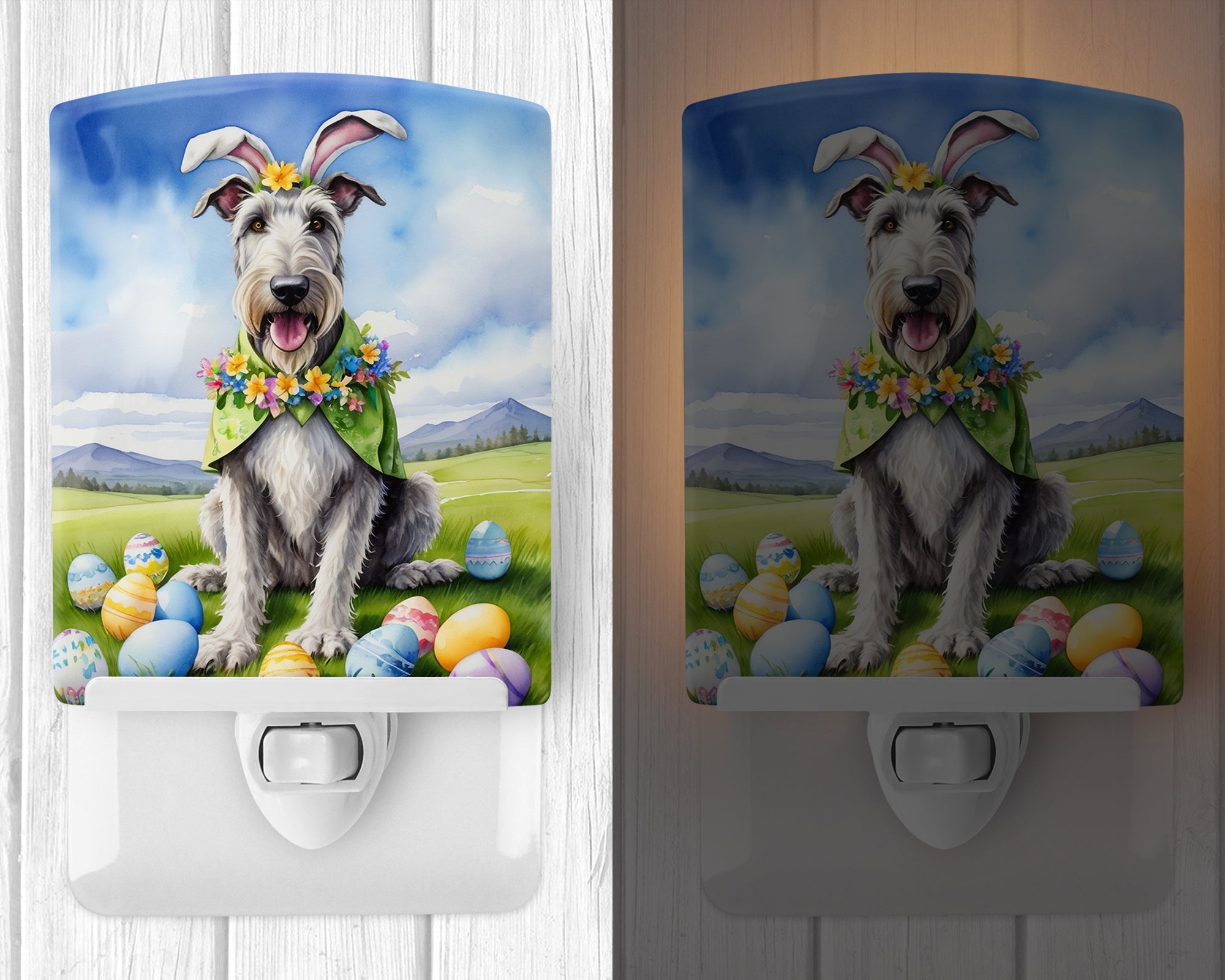 Irish Wolfhound Easter Egg Hunt Ceramic Night Light Compact, UL-Certified, Ideal for Bedroom, Bathroom, Nursery, Hallway, Kitchen, 6x4x3, Multicolor
