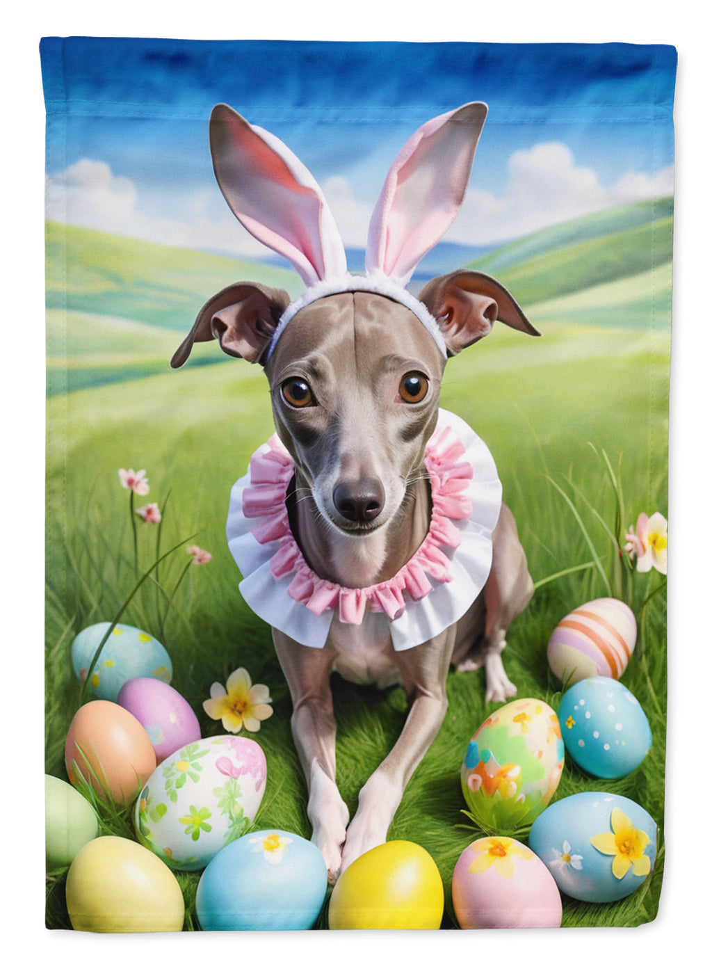Italian Greyhound Easter Egg Hunt House Flag 28x40 Porch Sleeve Pole Decorative Outside Yard Banner Artwork Wall Hanging, Polyester