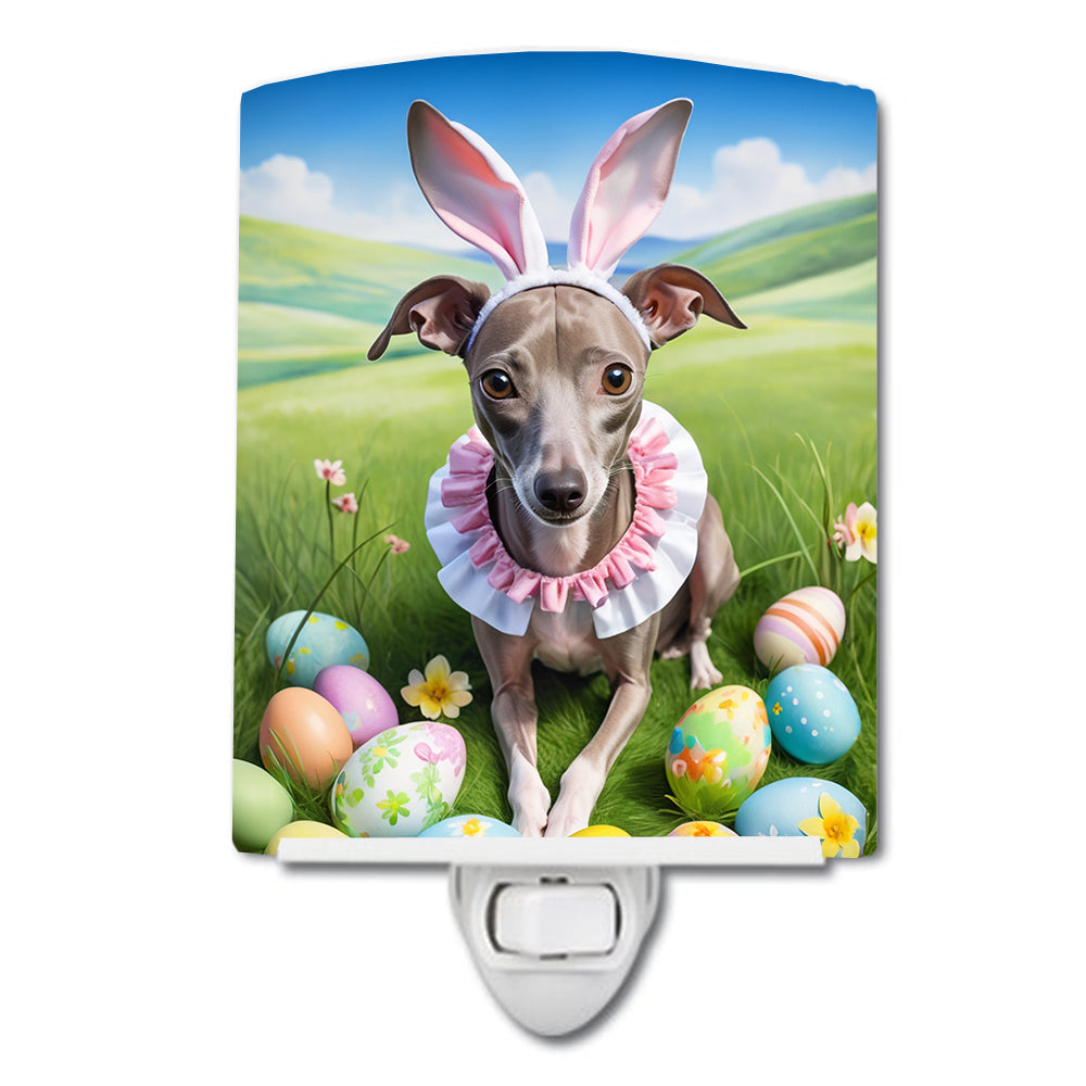 Italian Greyhound Easter Egg Hunt Ceramic Night Light Compact, UL-Certified, Ideal for Bedroom, Bathroom, Nursery, Hallway, Kitchen, 6x4x3, Multicolor