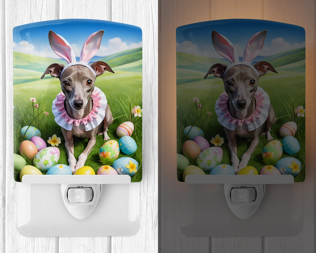 Italian Greyhound Easter Egg Hunt Ceramic Night Light Compact, UL-Certified, Ideal for Bedroom, Bathroom, Nursery, Hallway, Kitchen, 6x4x3, Multicolor