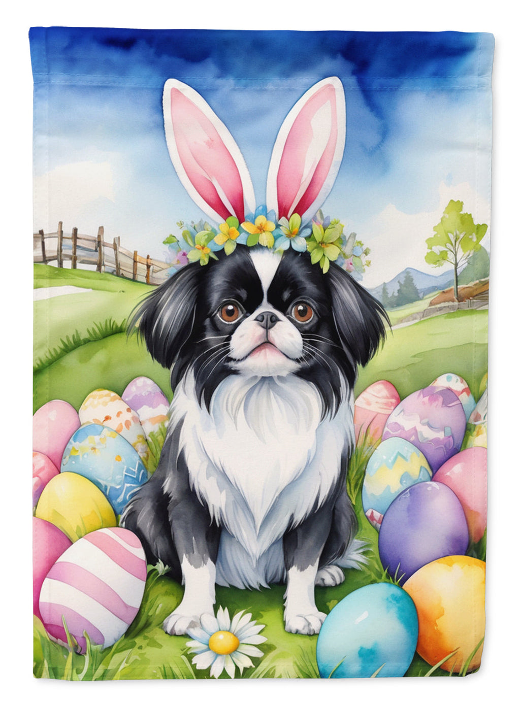 Japanese Chin Easter Egg Hunt House Flag 28x40 Porch Sleeve Pole Decorative Outside Yard Banner Artwork Wall Hanging, Polyester