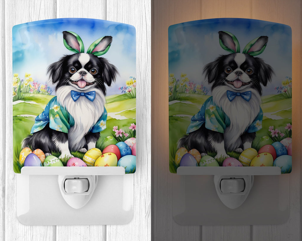 Japanese Chin Easter Egg Hunt Ceramic Night Light Compact, UL-Certified, Ideal for Bedroom, Bathroom, Nursery, Hallway, Kitchen, 6x4x3, Multicolor