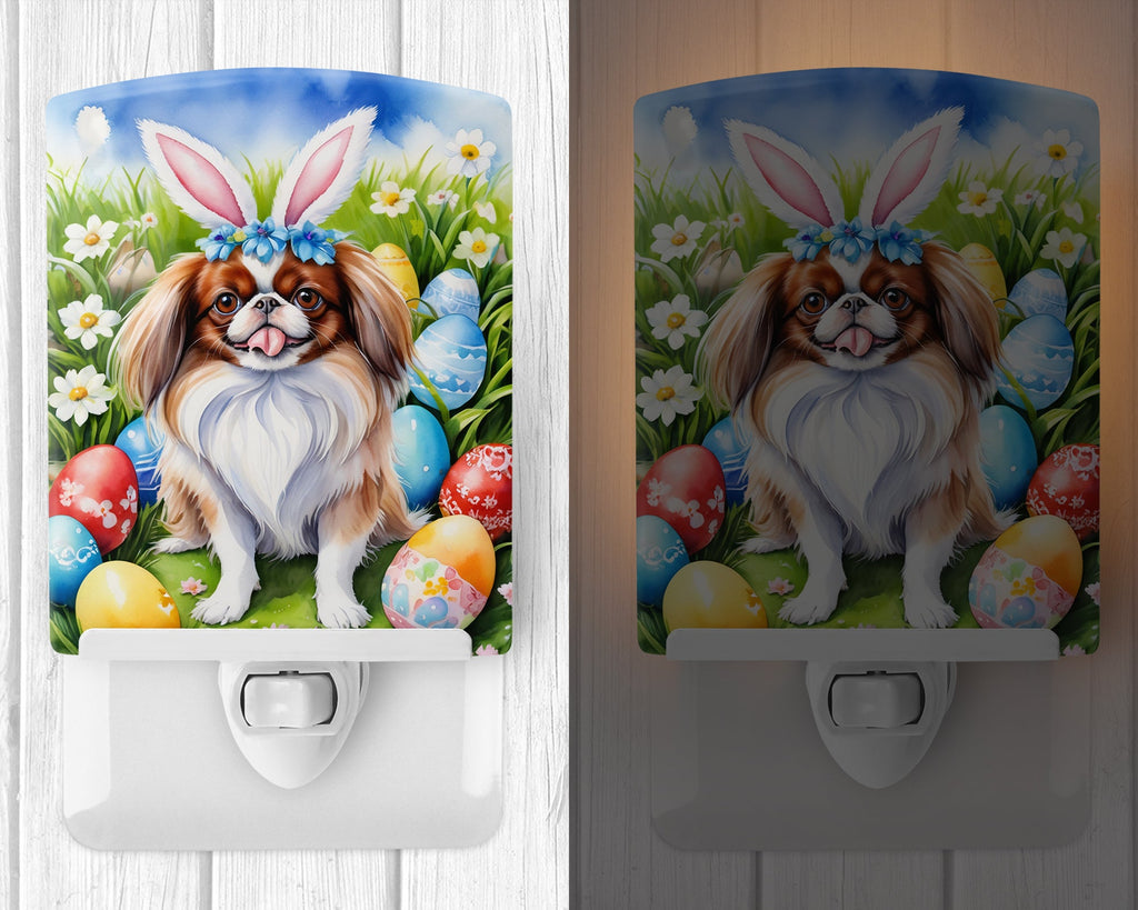 Japanese Chin Easter Egg Hunt Ceramic Night Light Compact, UL-Certified, Ideal for Bedroom, Bathroom, Nursery, Hallway, Kitchen, 6x4x3, Multicolor